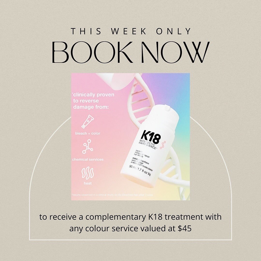 This week only! 

Enhance your color service with a complimentary @k18hair treatment valued at $45! 

Book with talented stylist Katie @aiko__hair to experience the ultimate hair transformation.

Limited slots available, so book now! Link in bio ❤️