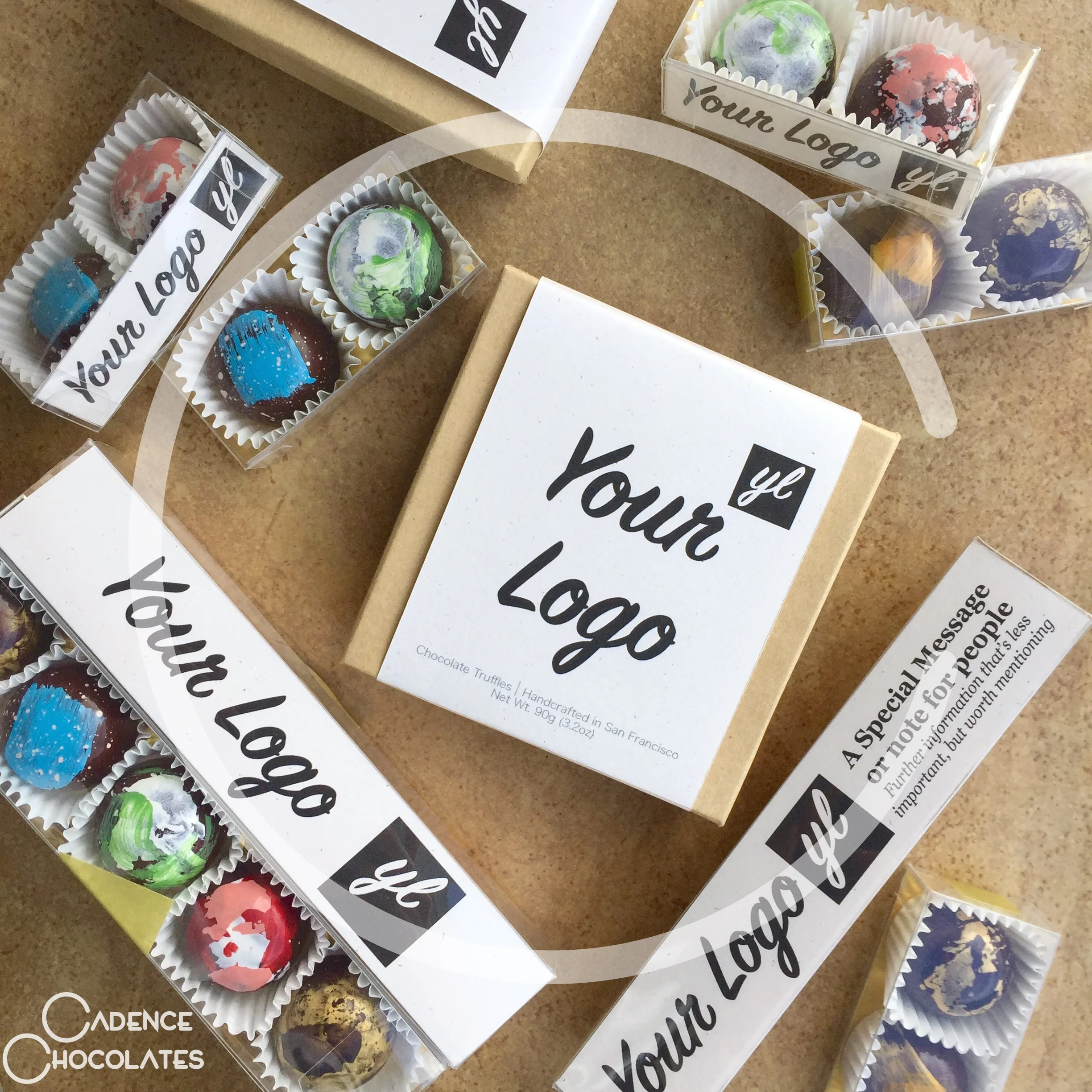 Give a gift with your style. We work with your design to make sure your message is right up front. Choose chocolate colors and flavors for the complete package.