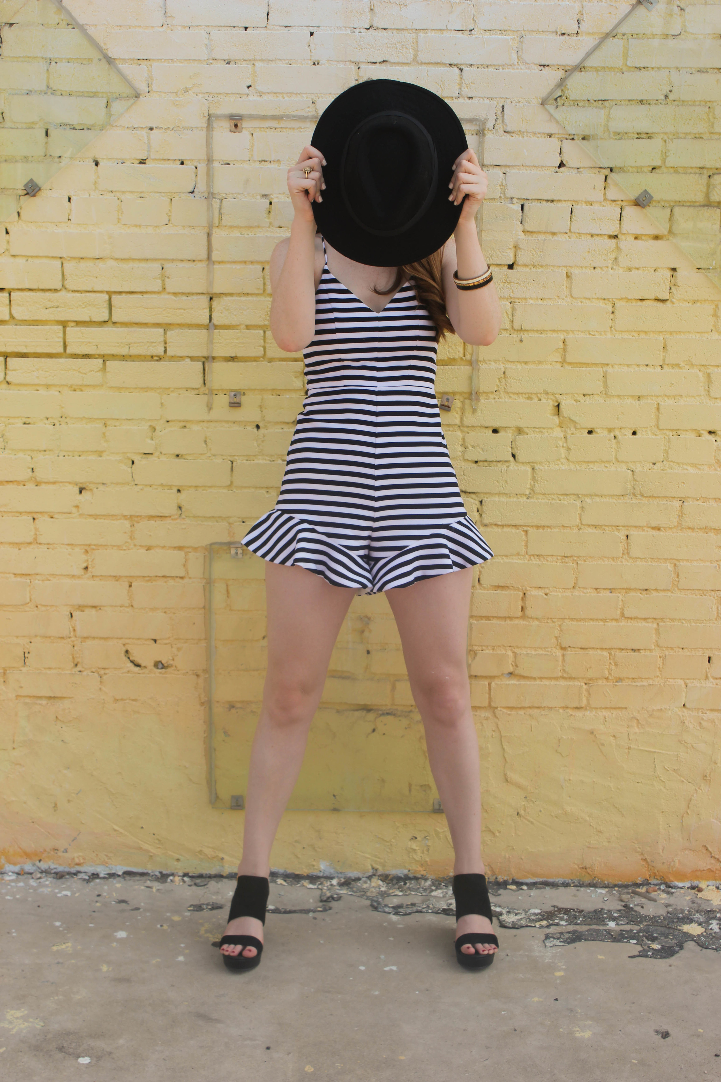 Black and White Romper, Felt Hat | Southern Elle Style | Dallas Fashion Blogger