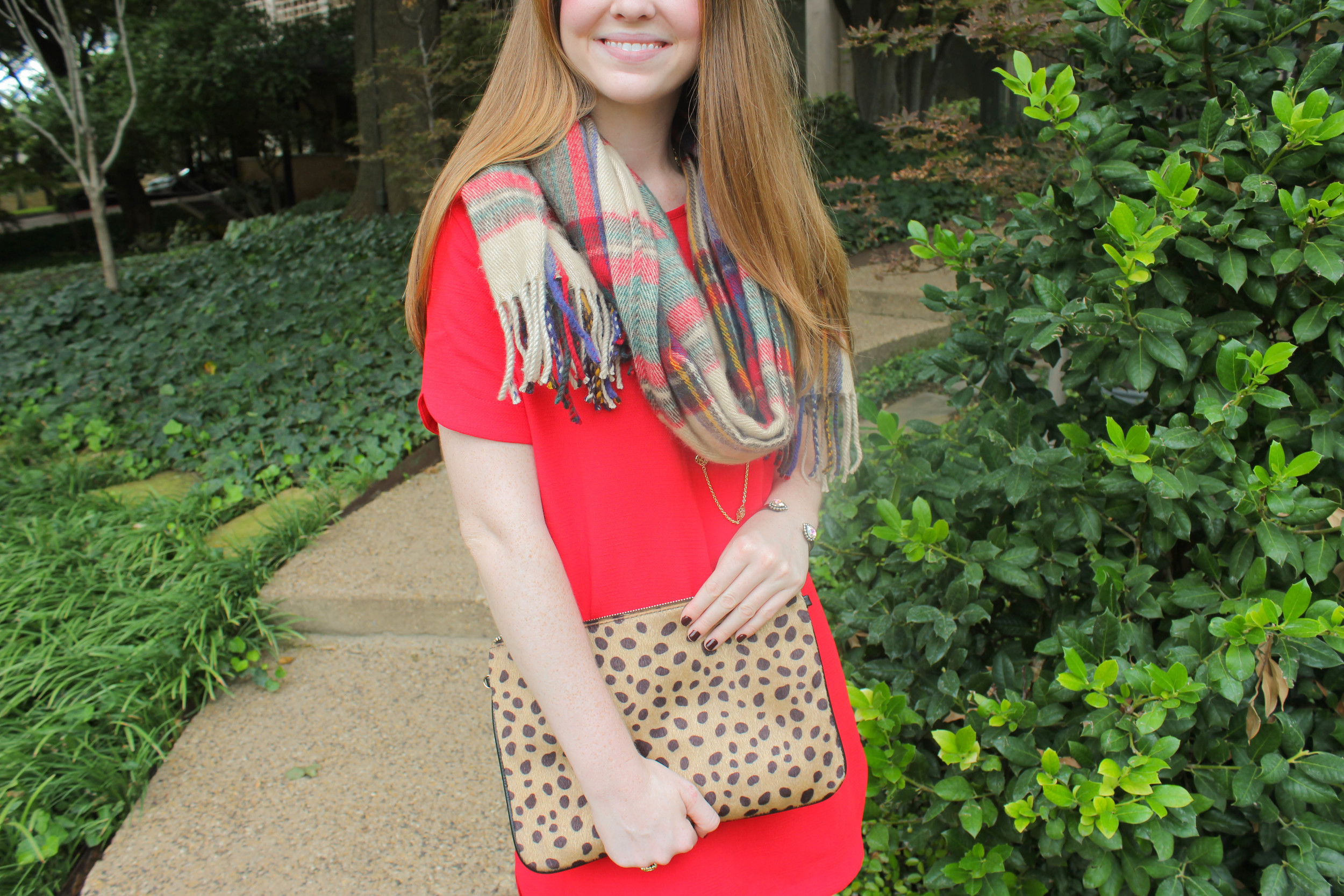 red shift dress, plaid blanket scarf, cheetah clutch