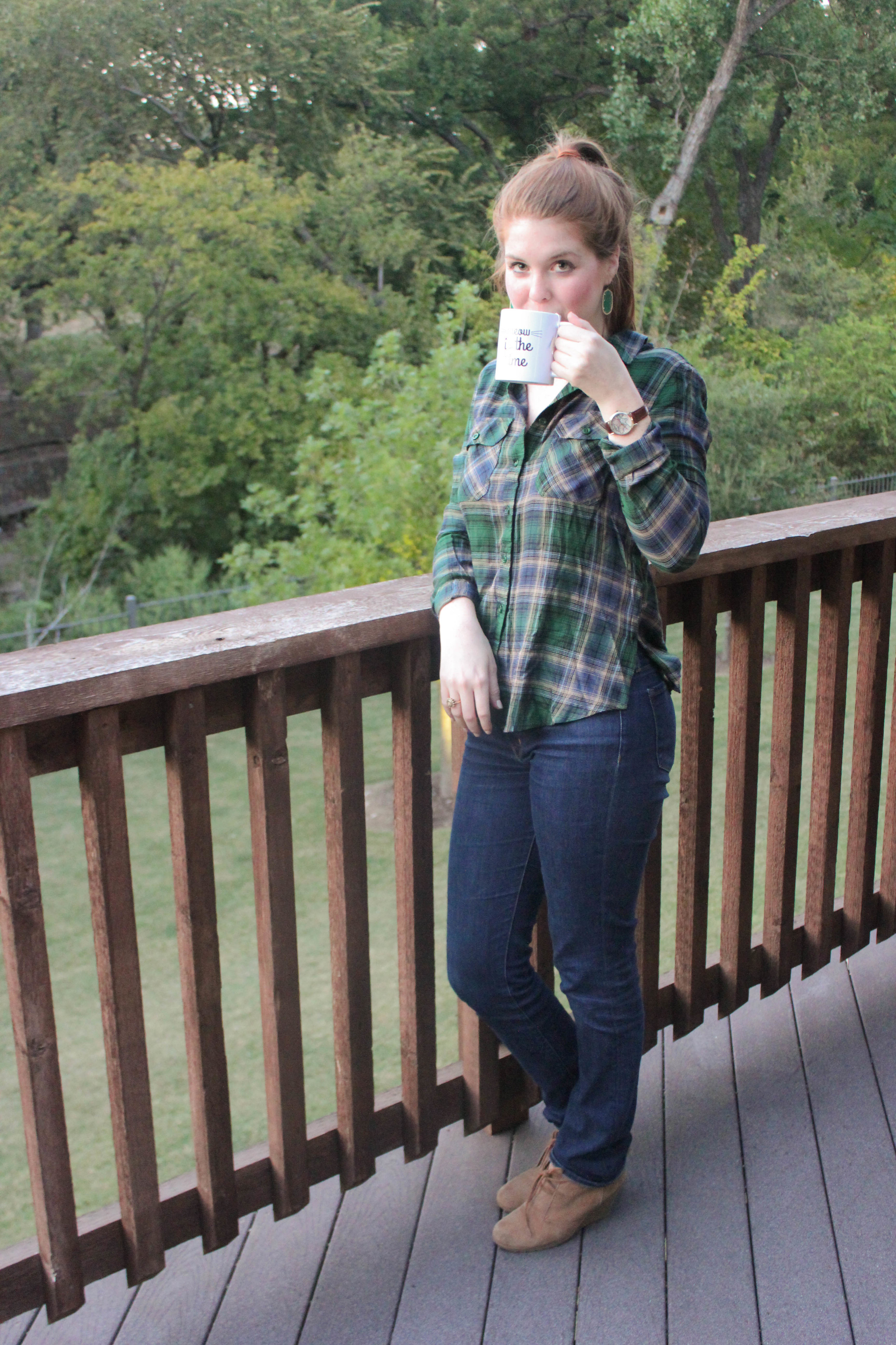 green plaid flannel, suede booties, fall