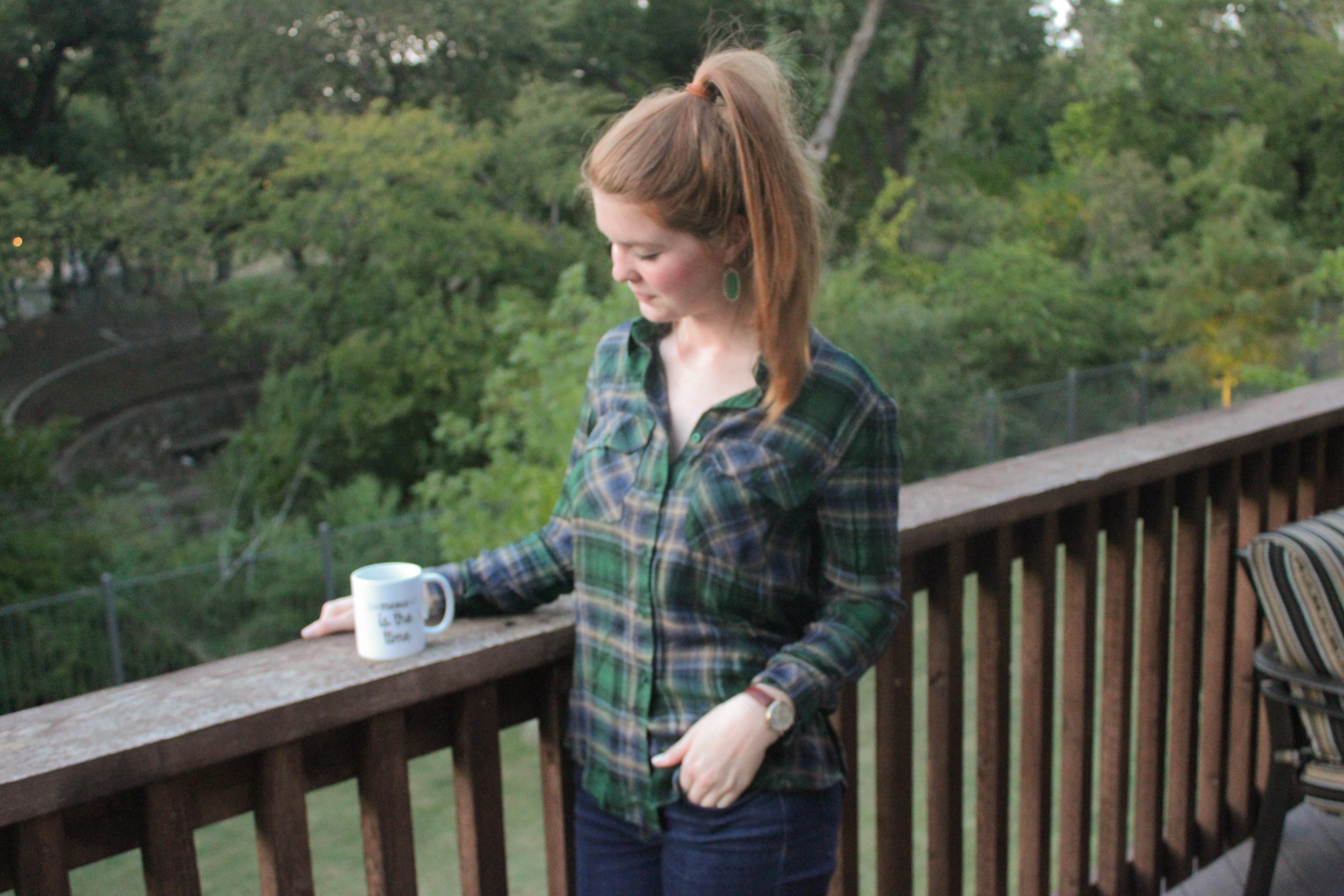 green plaid flannel, tea mug, map watch
