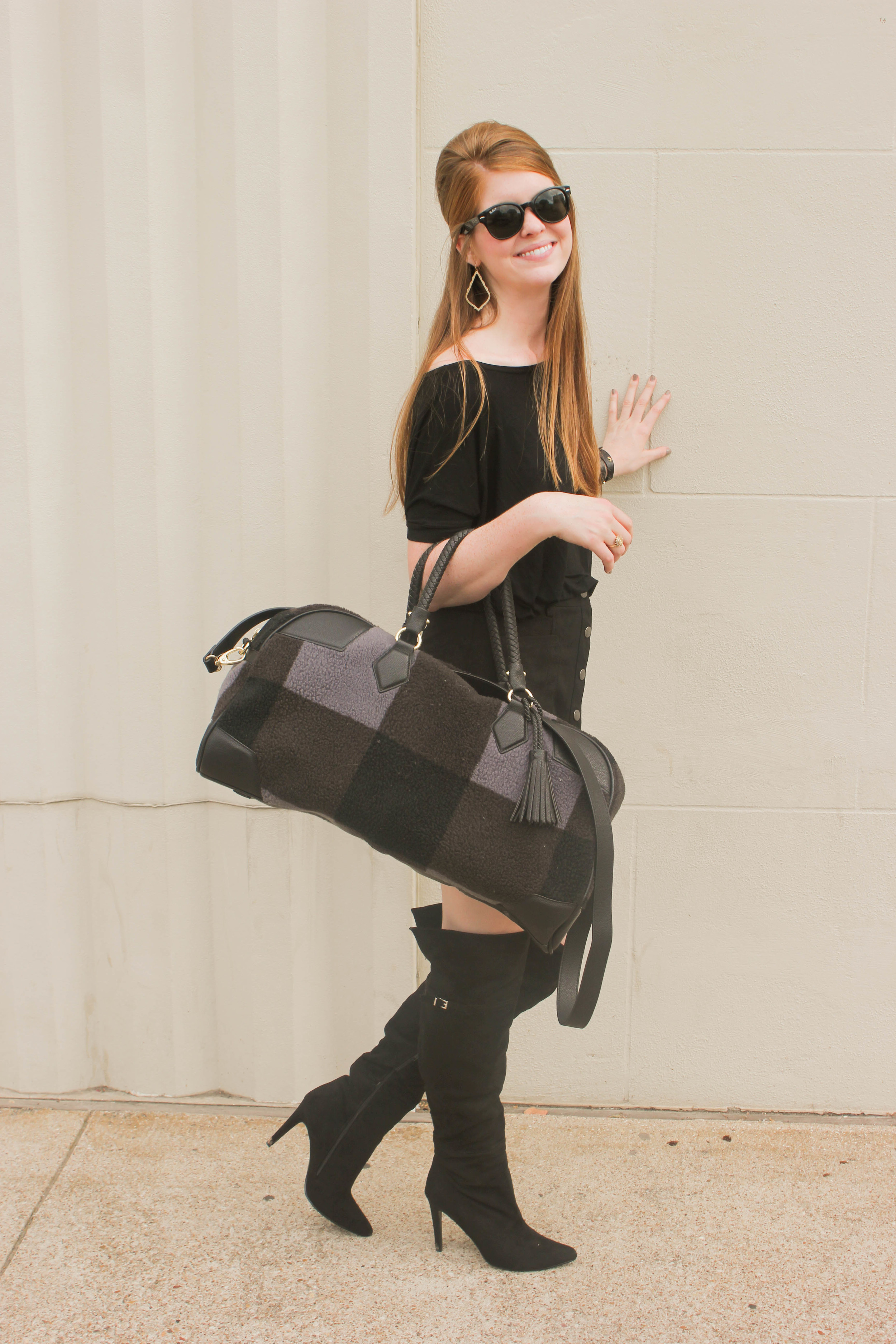 Chinese Laundry Suede Over the knee boots, button mini skirt, adam lippes for target weekender bag