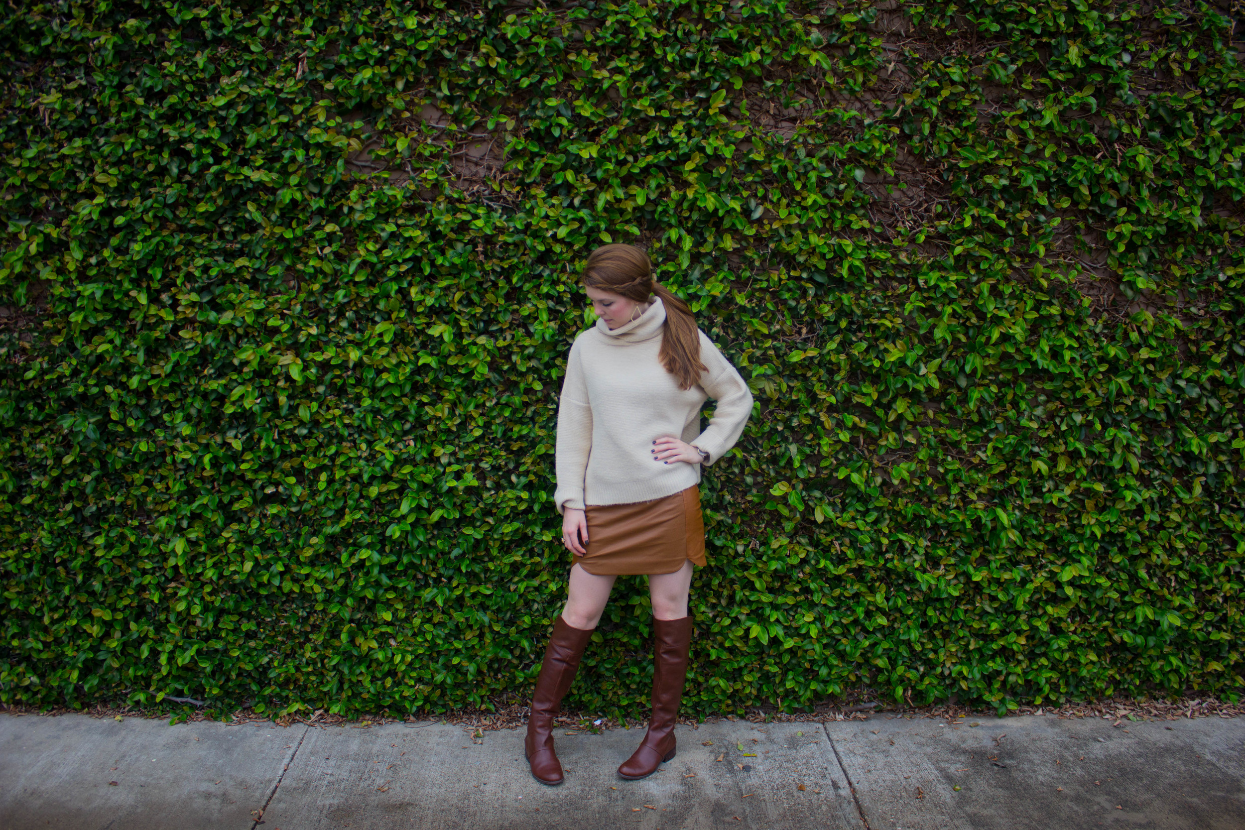 leather mini skirt, joa chunky sweater, nine west over the knee bots