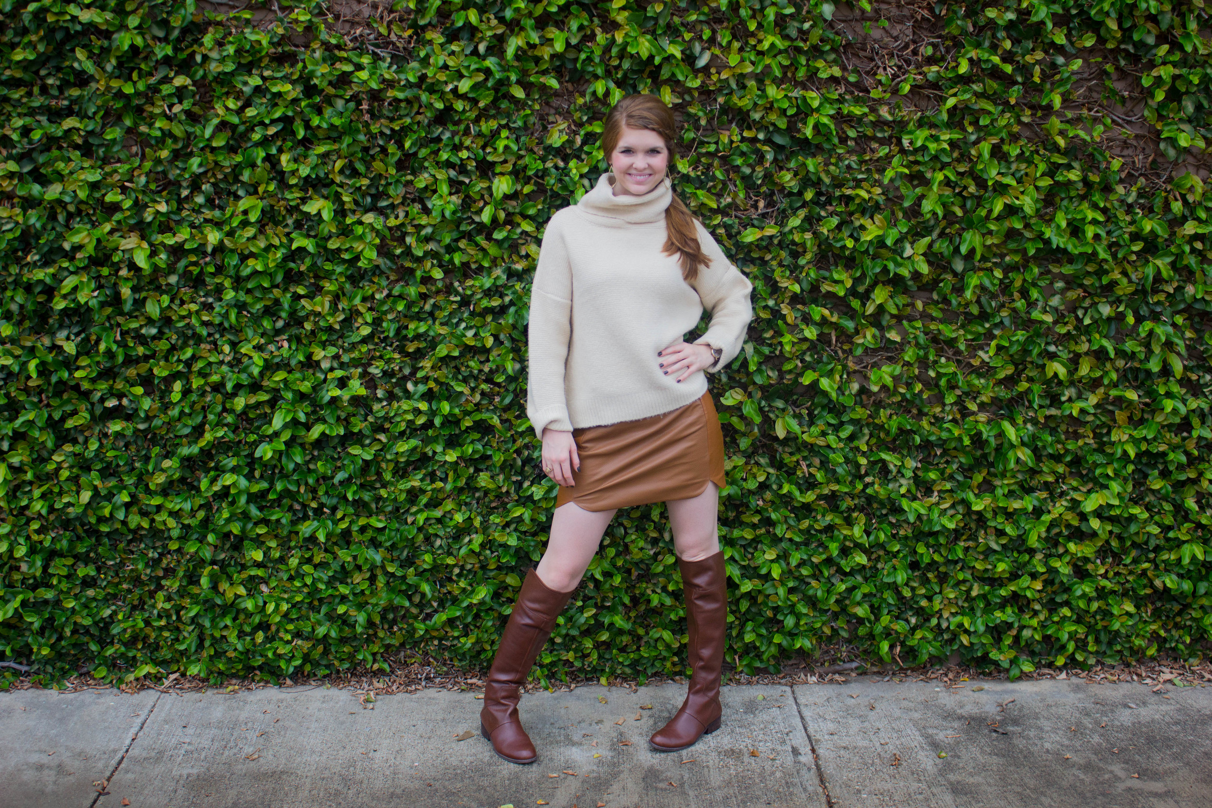 leather mini skirt, joa chunky sweater, nine west over the knee bots
