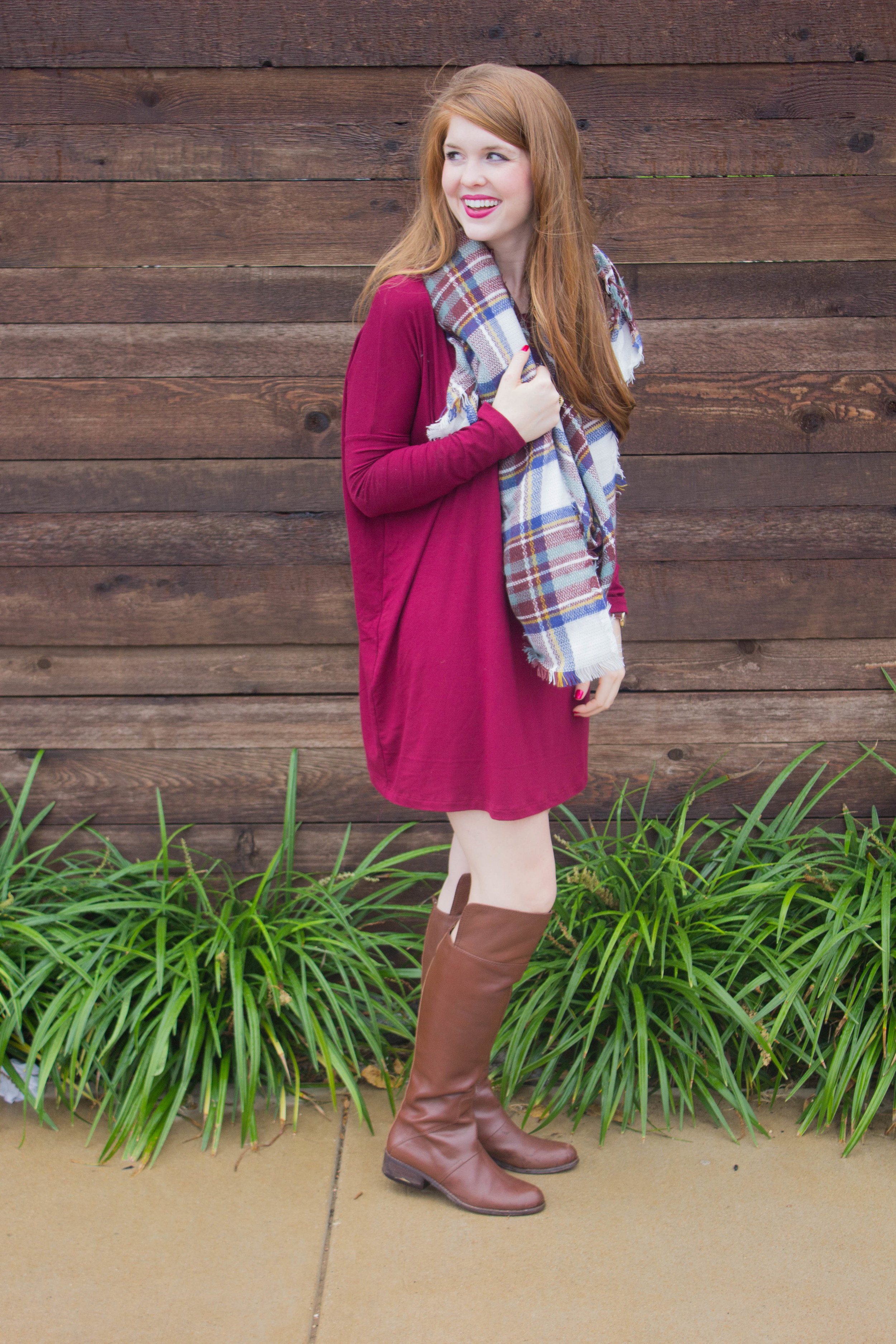 burgundy piko tuni, vince camuto over the knee boots, plaid blanket scarf, black friday sales, cyber monday sales