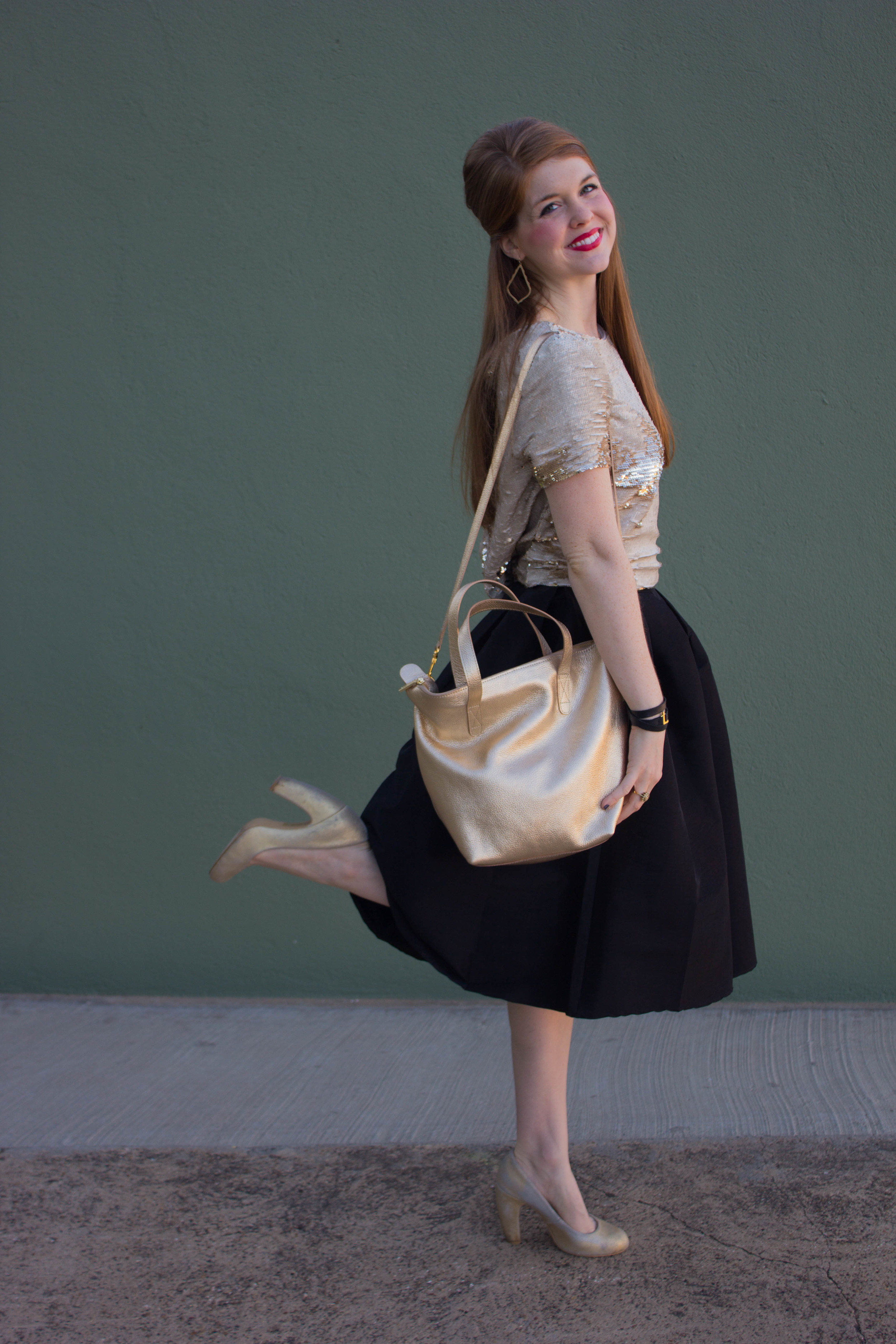 black pleated mid skirt, gold sequin crop, cuyana carryall