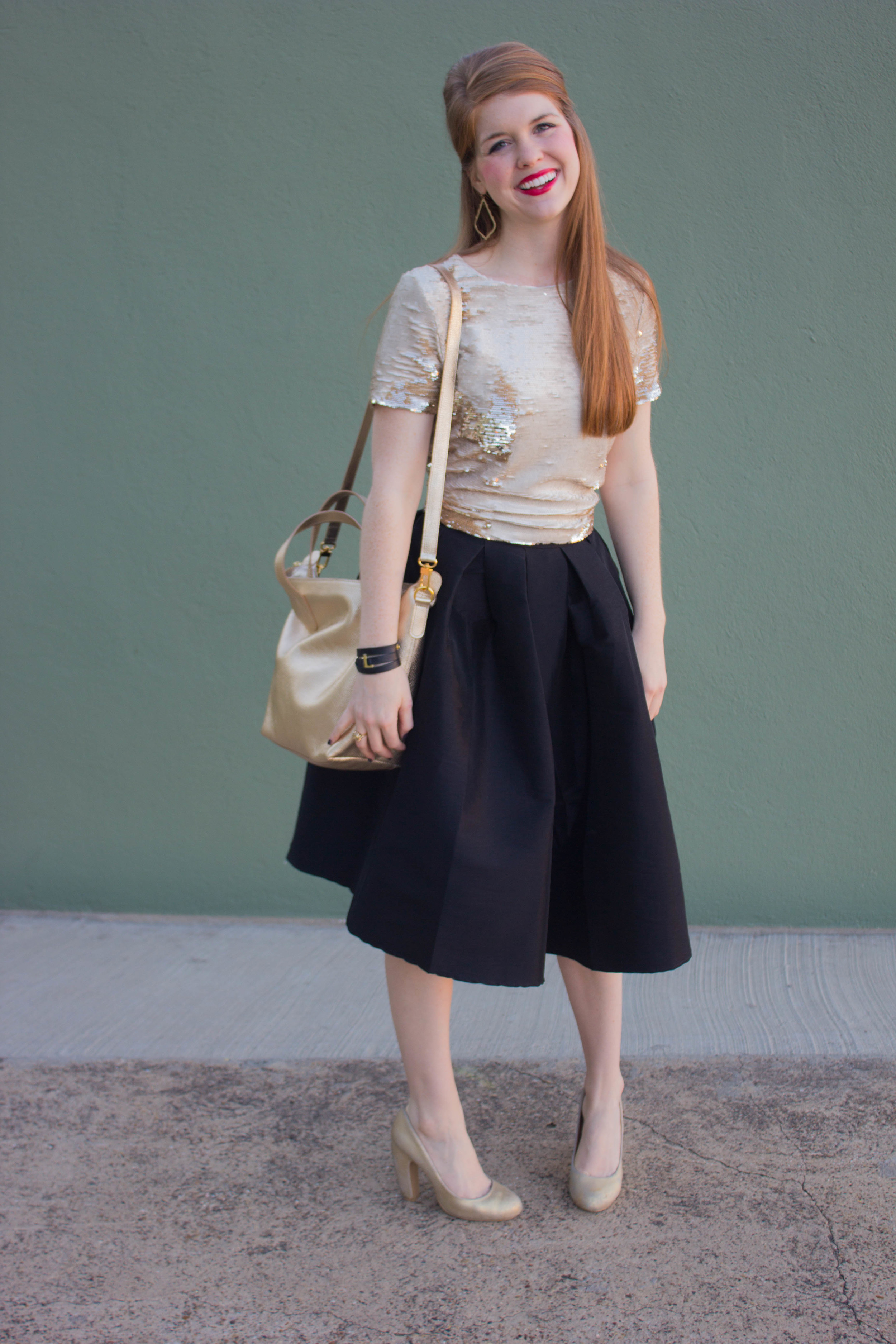 black pleated mid skirt, gold sequin crop, cuyana carryall