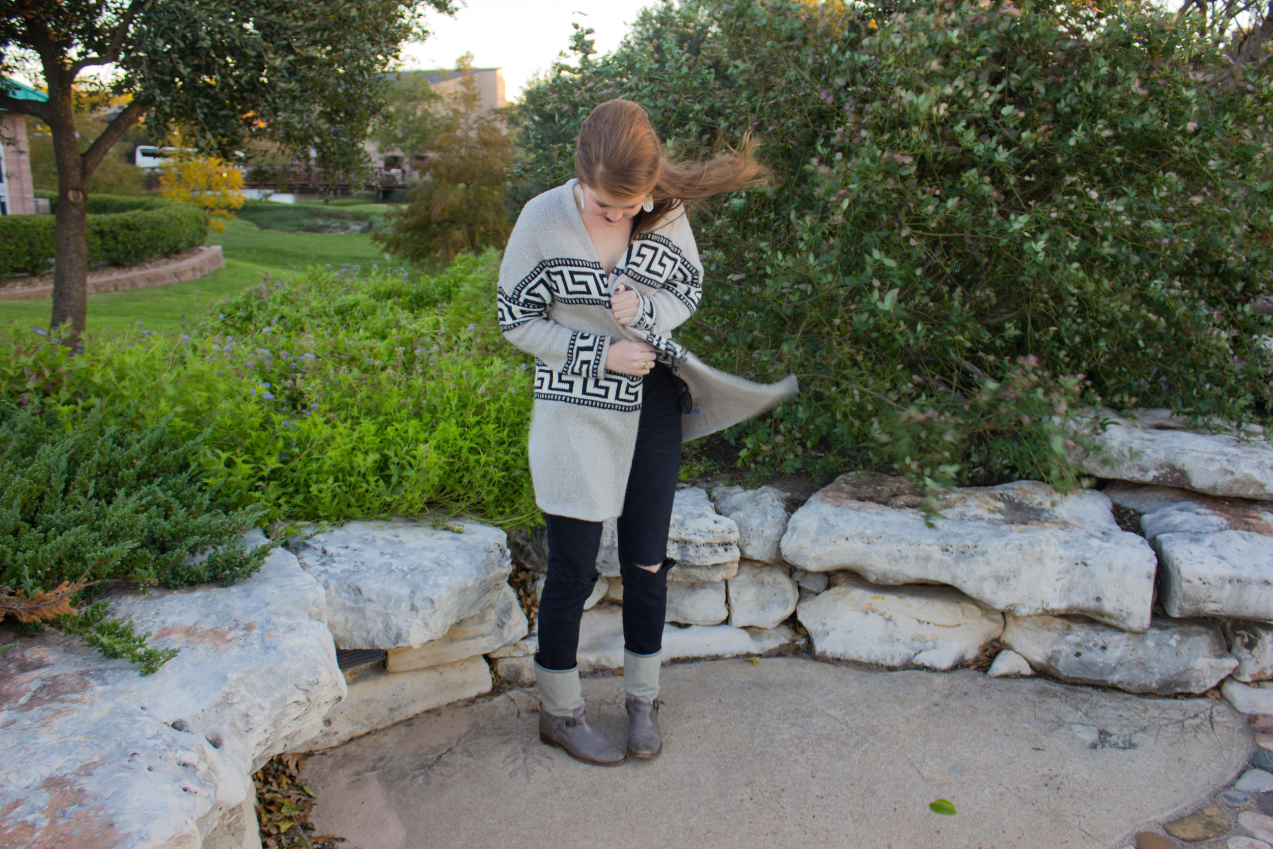 gentle fawn sweater, black ripped skinny jeans, frye boots