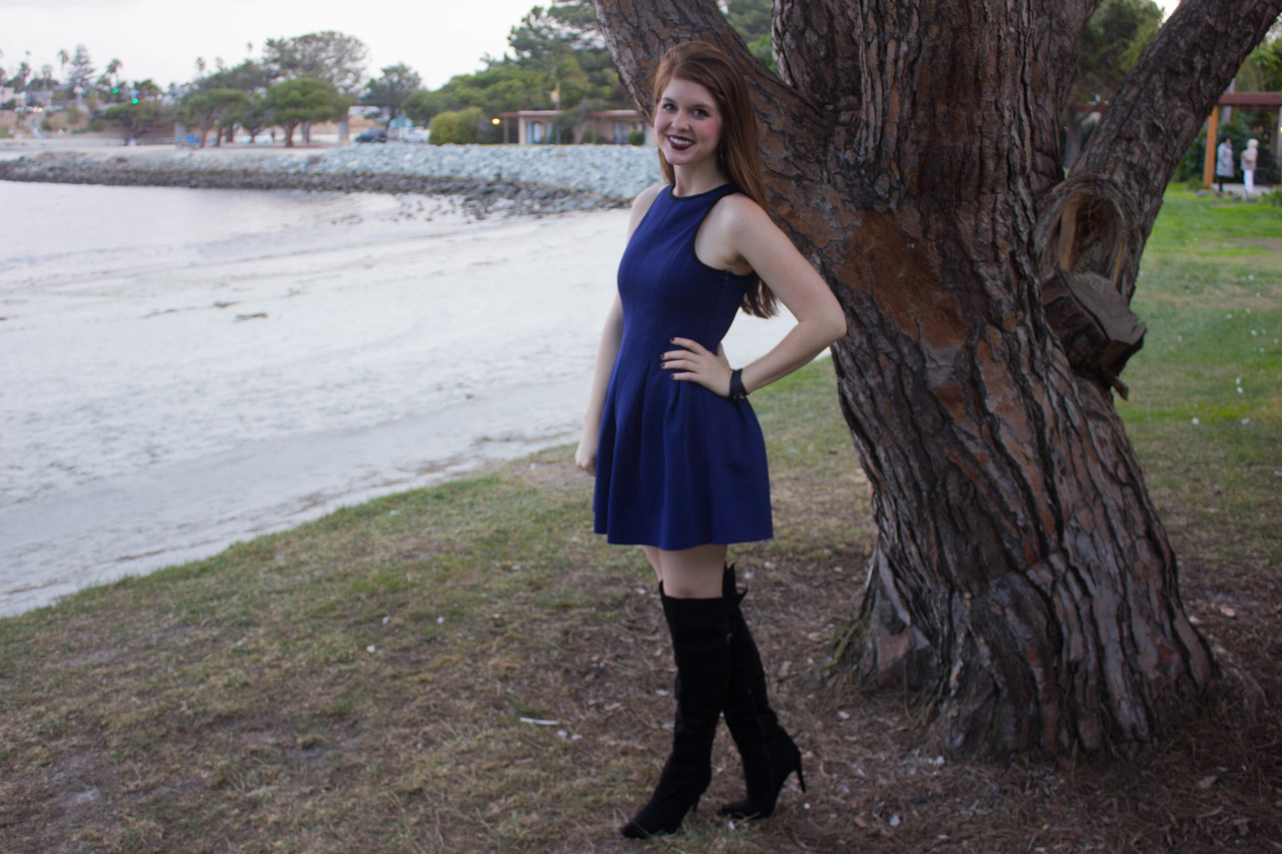 chinese laundrey over the knee boots, navy scuba dress, nyx lipstick