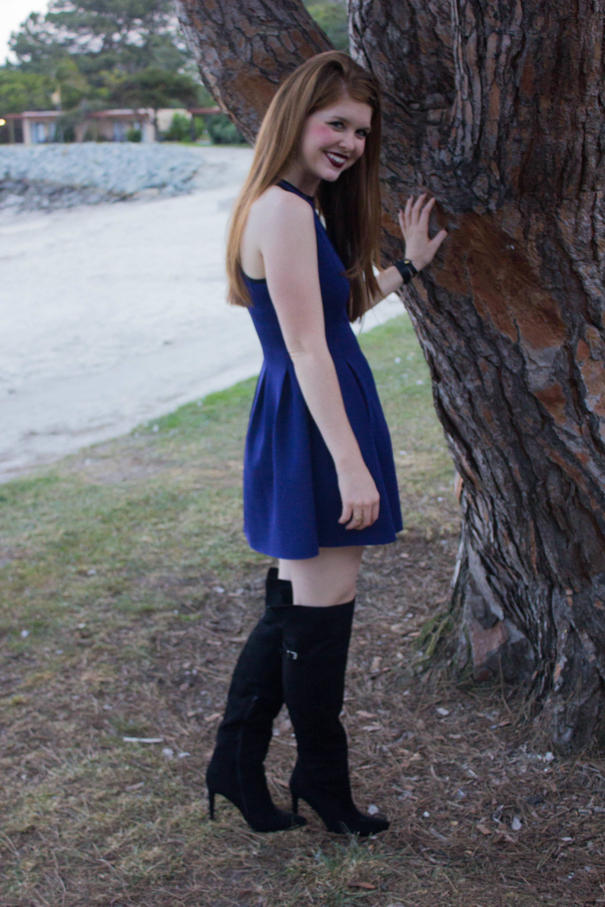 chinese laundrey over the knee boots, navy scuba dress, nyx lipstick