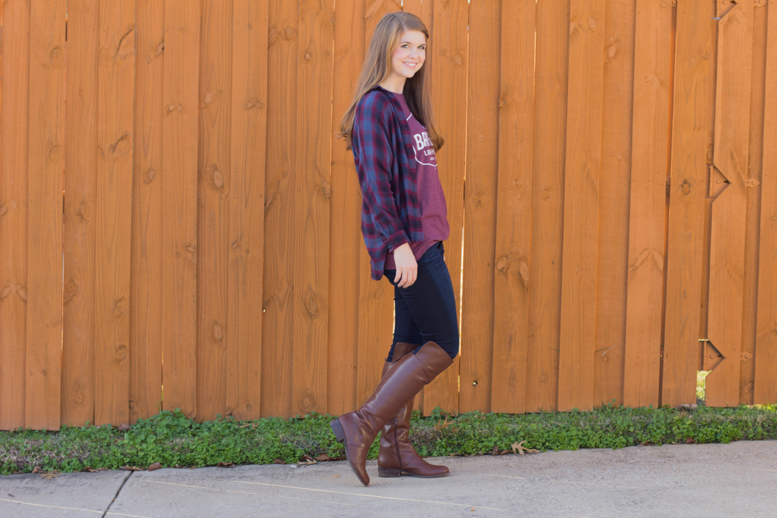 gentle fawn plaid flannel shirt, fidelity jeans, nine west over the knee boots, brothers leather co tee, kate spade tortoise earrings, bauble bar tortoise bracelet