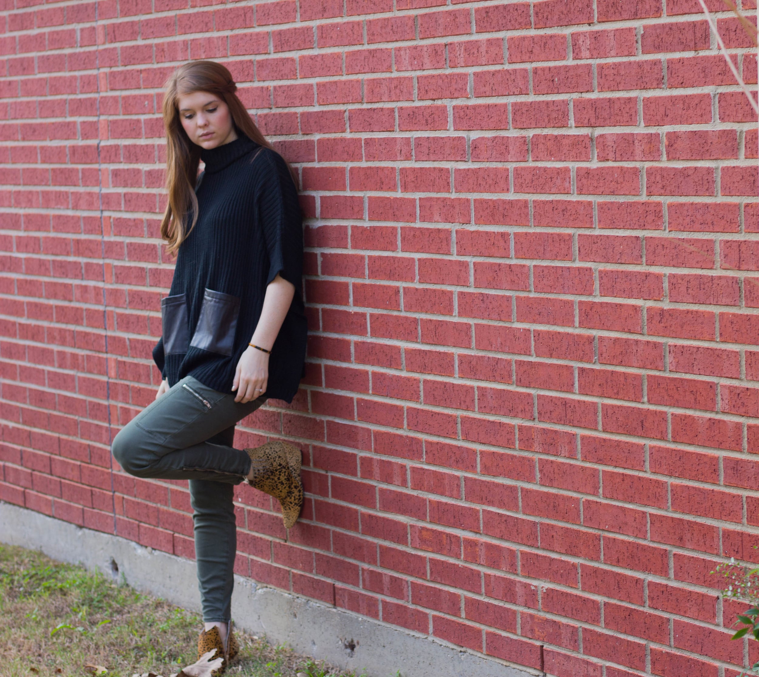 pistola olive pants, matisse nugent cheetah booties, black sweater with leather pockets