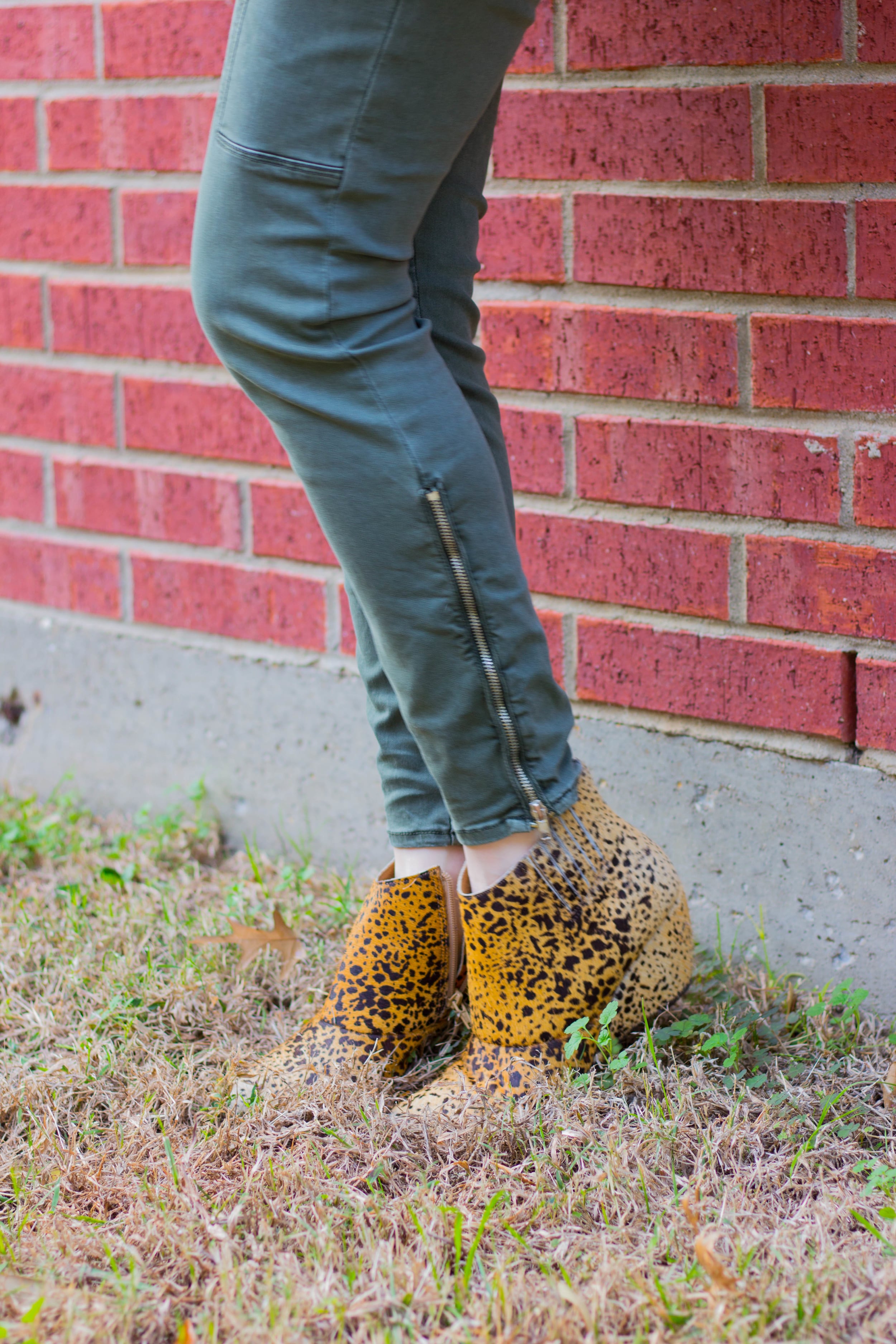 pistola olive pants, matisse nugent cheetah booties, black sweater with leather pockets