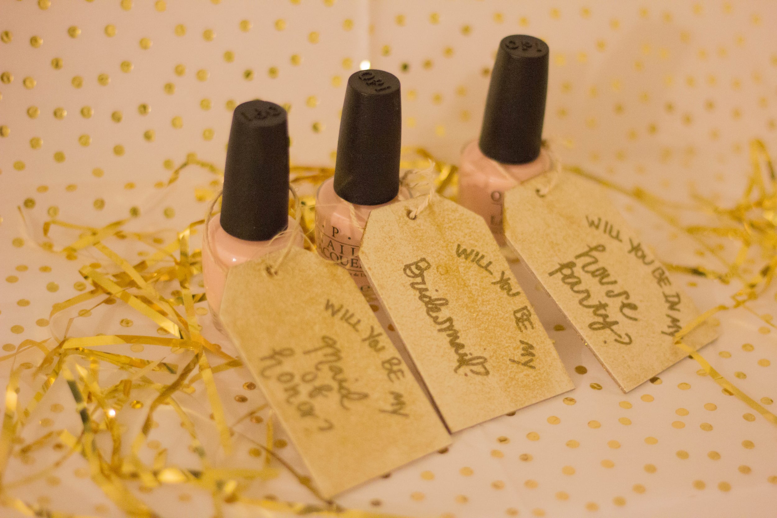 how to ask your bridesmaids, opi nail polish, mimosas for mr. and mrs, gold, confetti