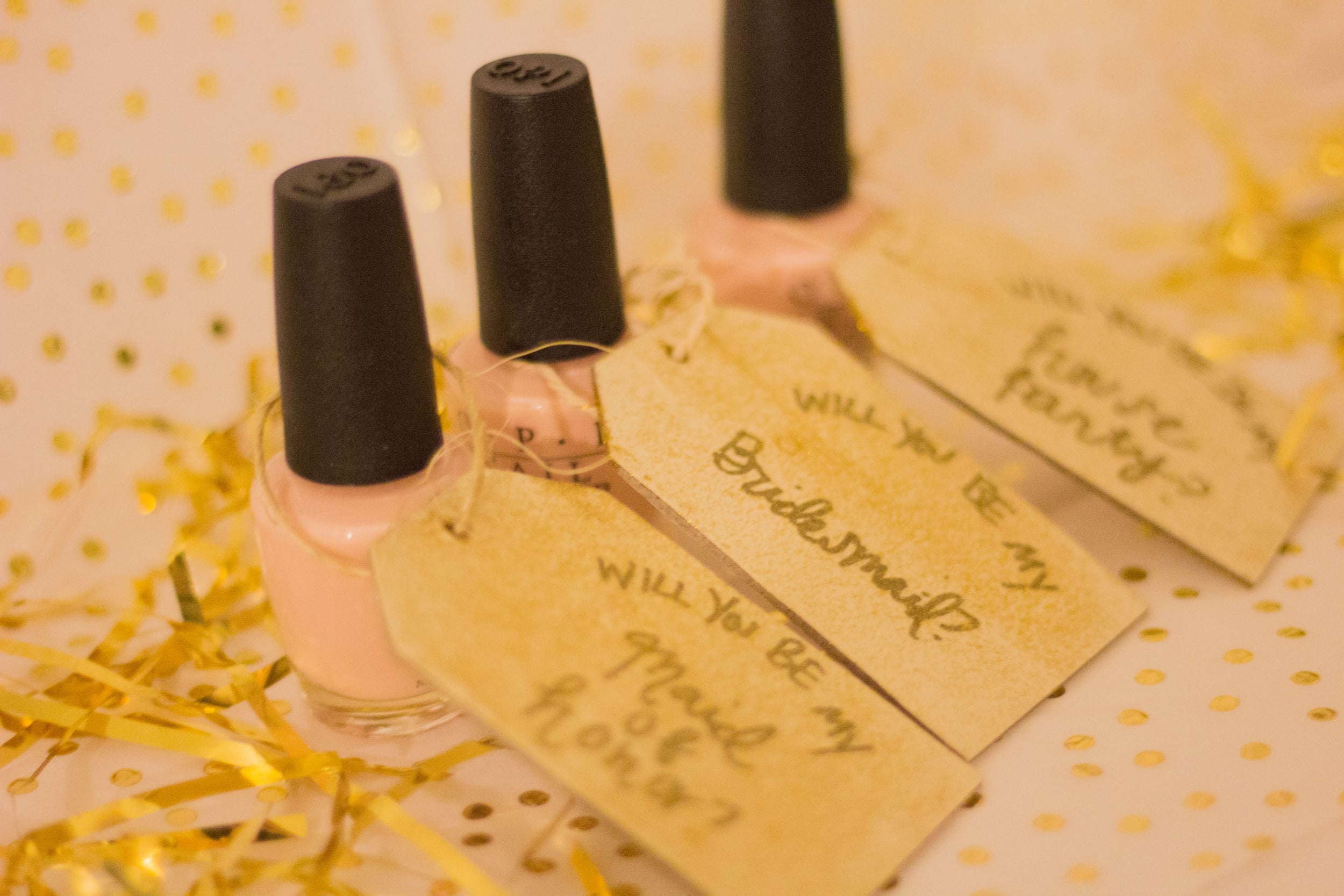 how to ask your bridesmaids, opi nail polish, mimosas for mr. and mrs, gold, confetti