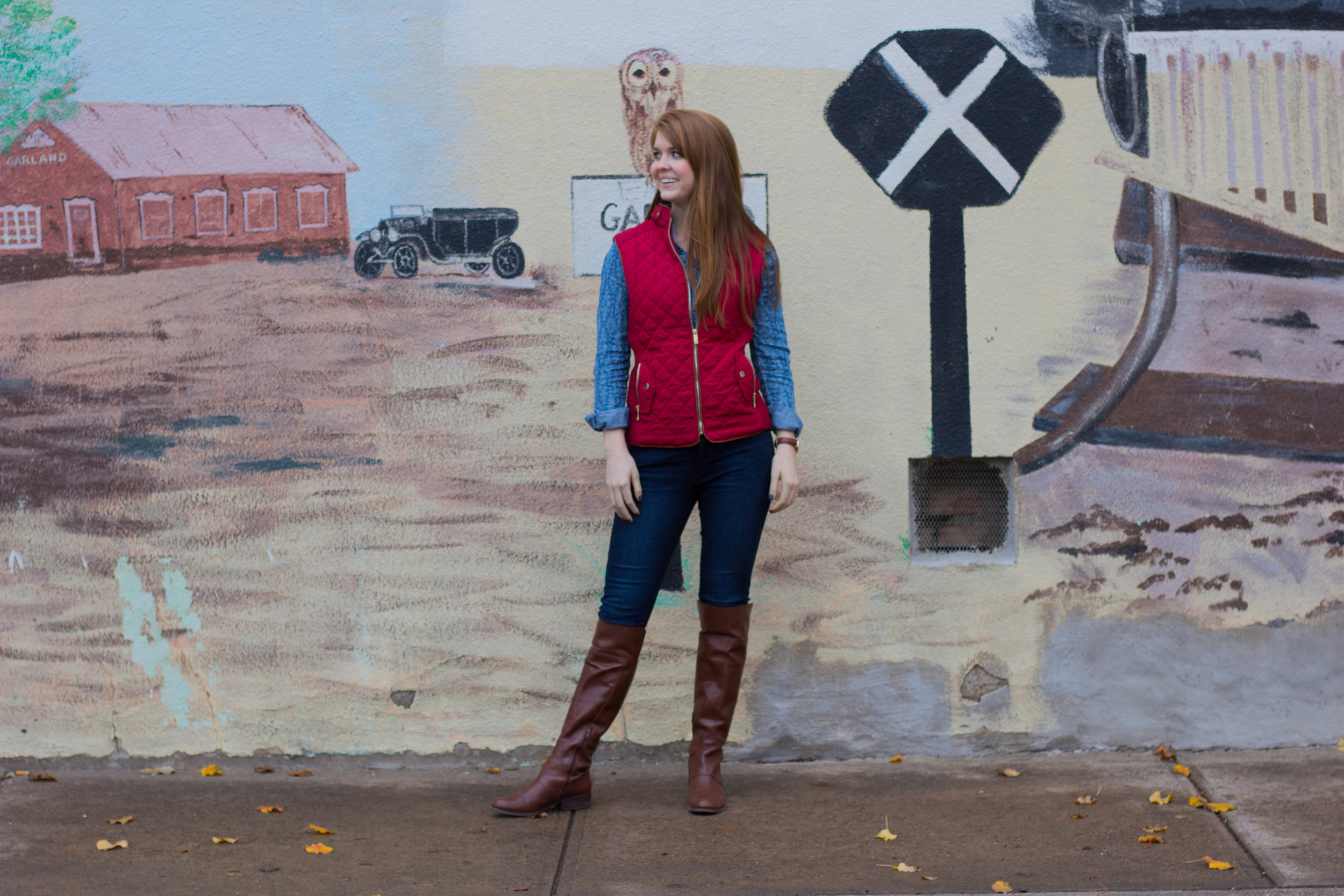burgundy quilted vest, fidelity jeans, holding horses chambray top, nine west over the knee boots