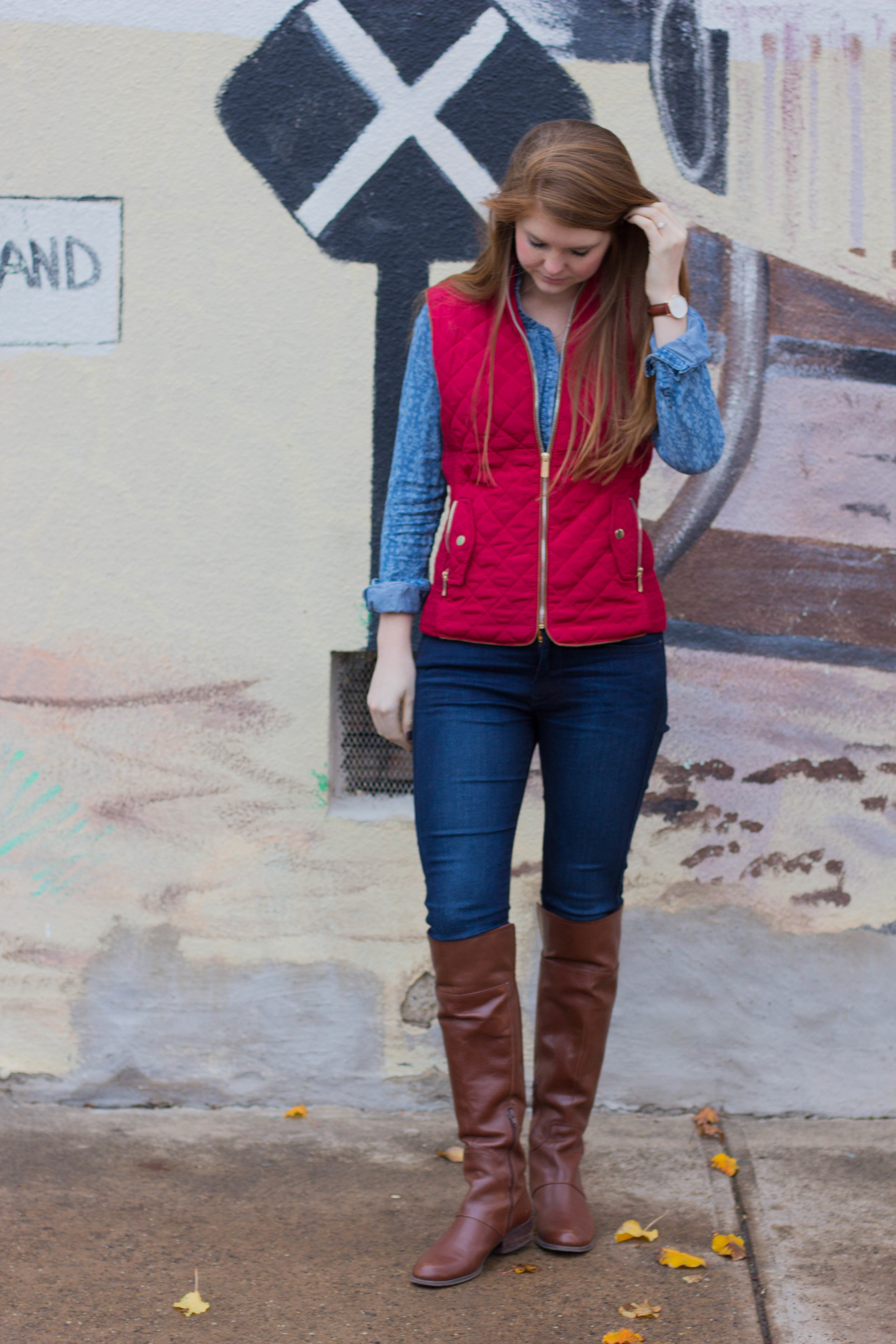 burgundy quilted vest, fidelity jeans, holding horses chambray top, nine west over the knee boots