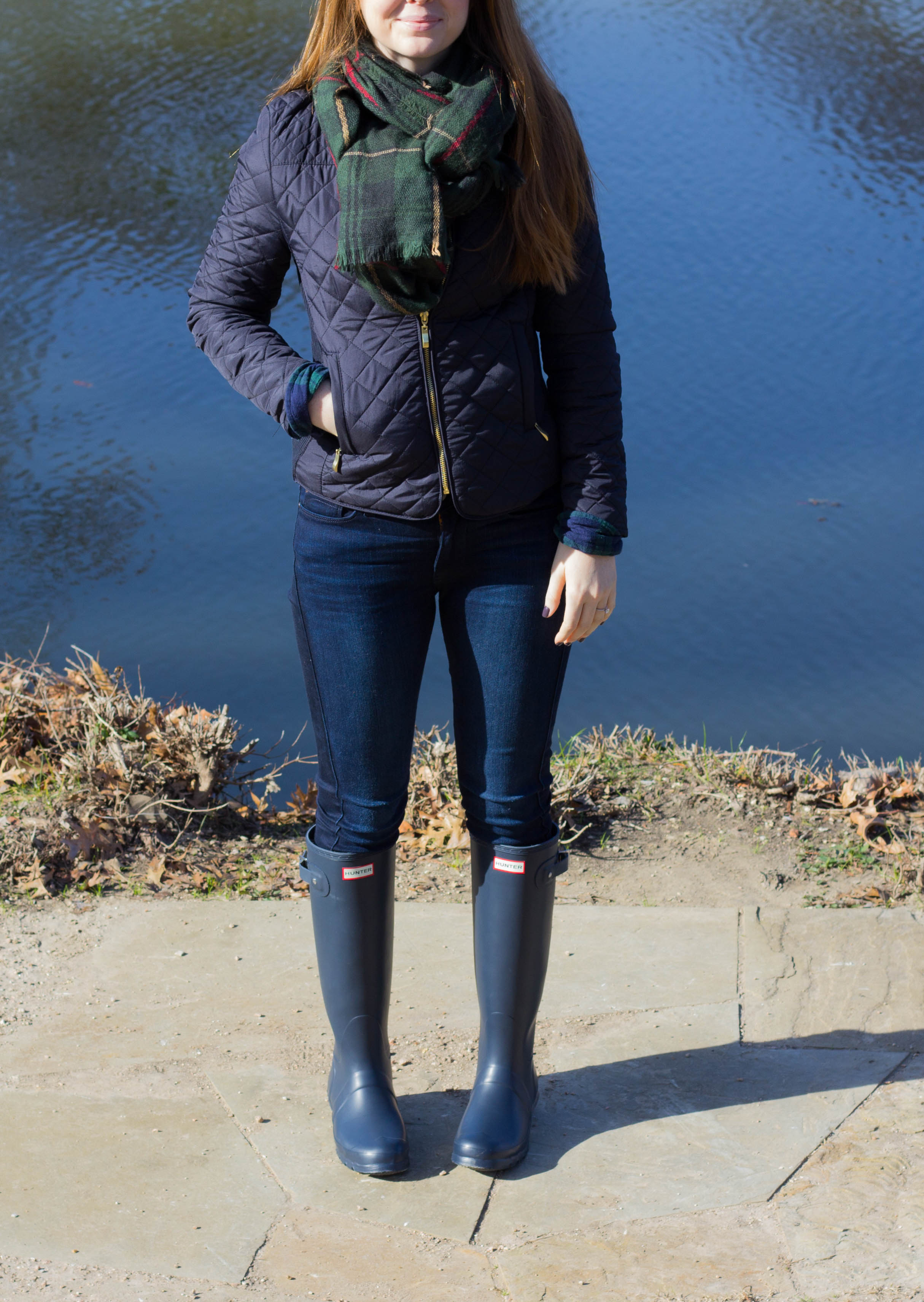 navy tall hunter boots, rayban clubmaster, green plaid blanket scarf, navy quilted jacket, fidelity jeans