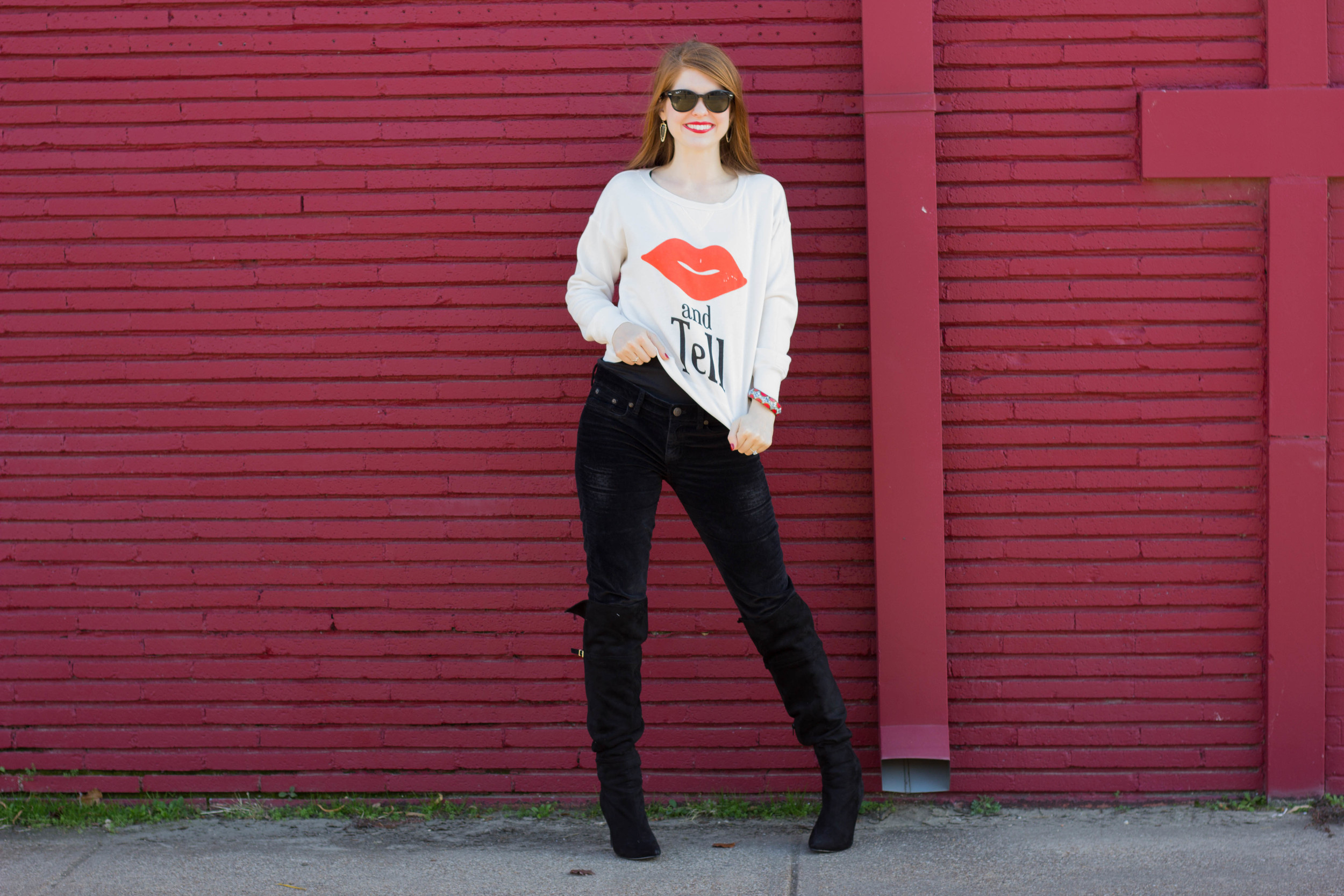 wildfox kiss and tell crew, chinese laundry over the knee boots, kendra scott earrings, rayban sunglasses