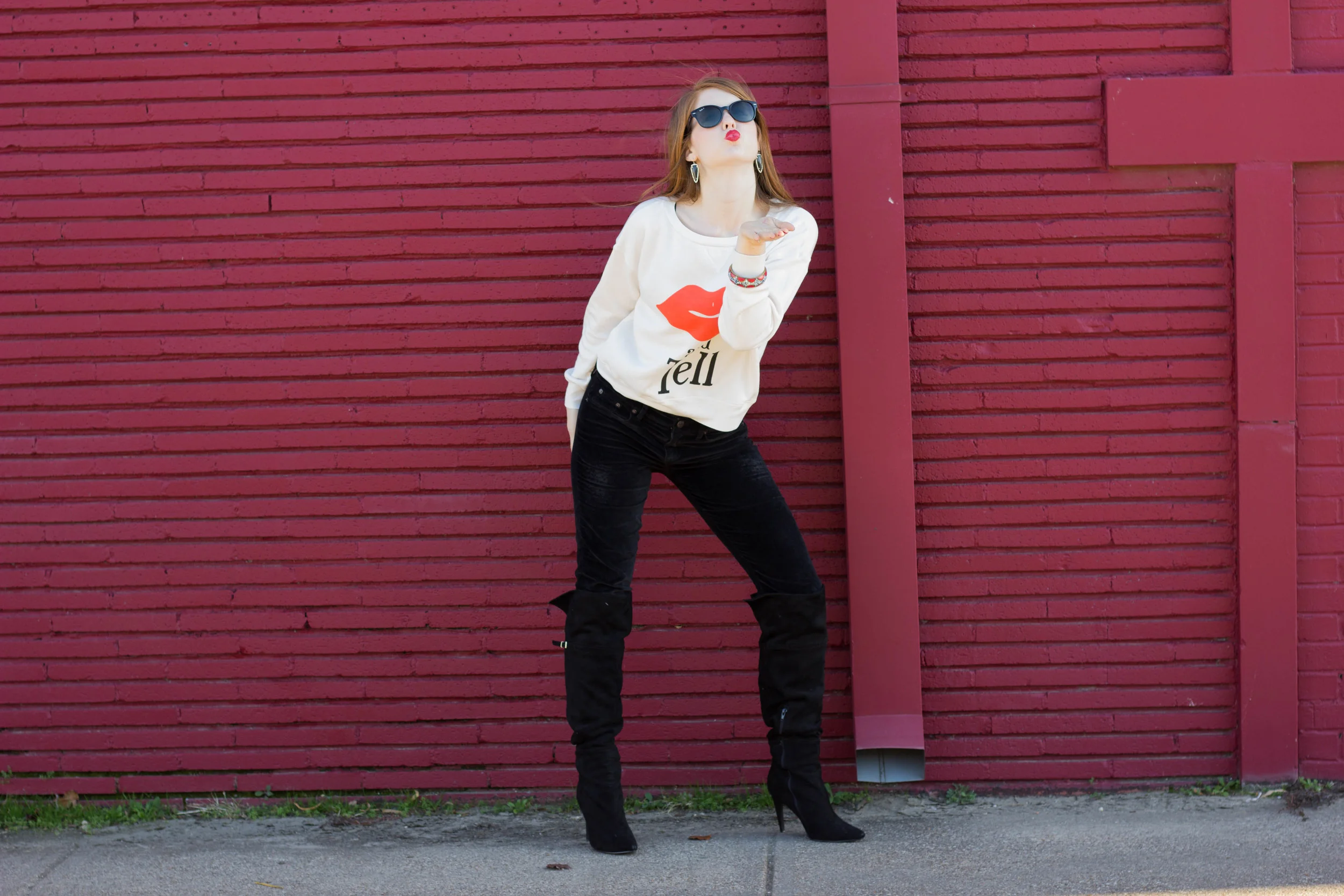 wildfox kiss and tell crew, chinese laundry over the knee boots, kendra scott earrings, rayban sunglasses