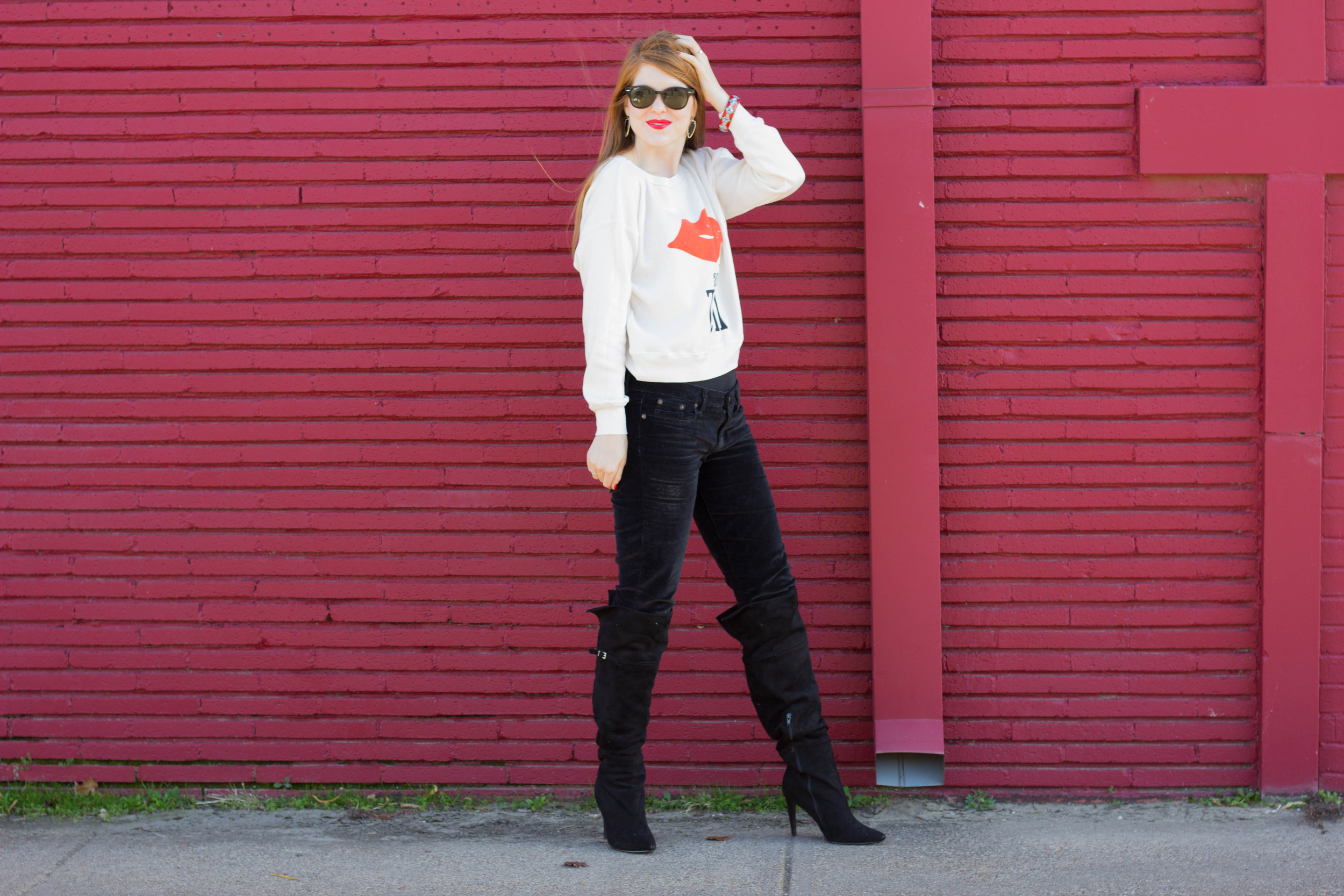 wildfox kiss and tell crew, chinese laundry over the knee boots, kendra scott earrings, rayban sunglasses