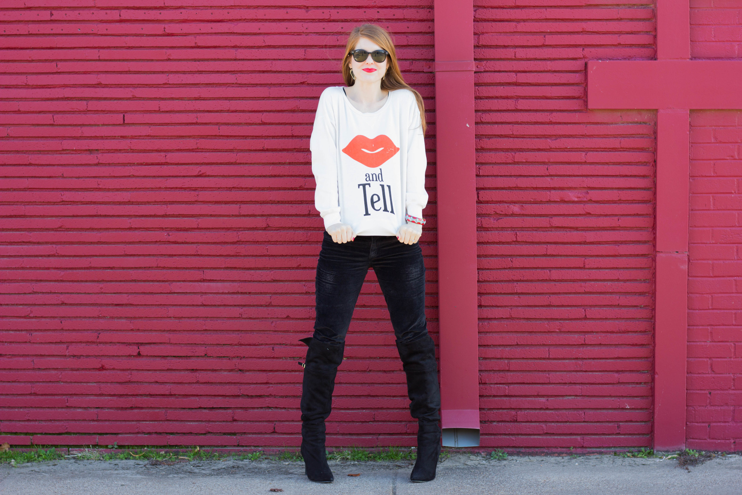 wildfox kiss and tell crew, chinese laundry over the knee boots, kendra scott earrings, rayban sunglasses