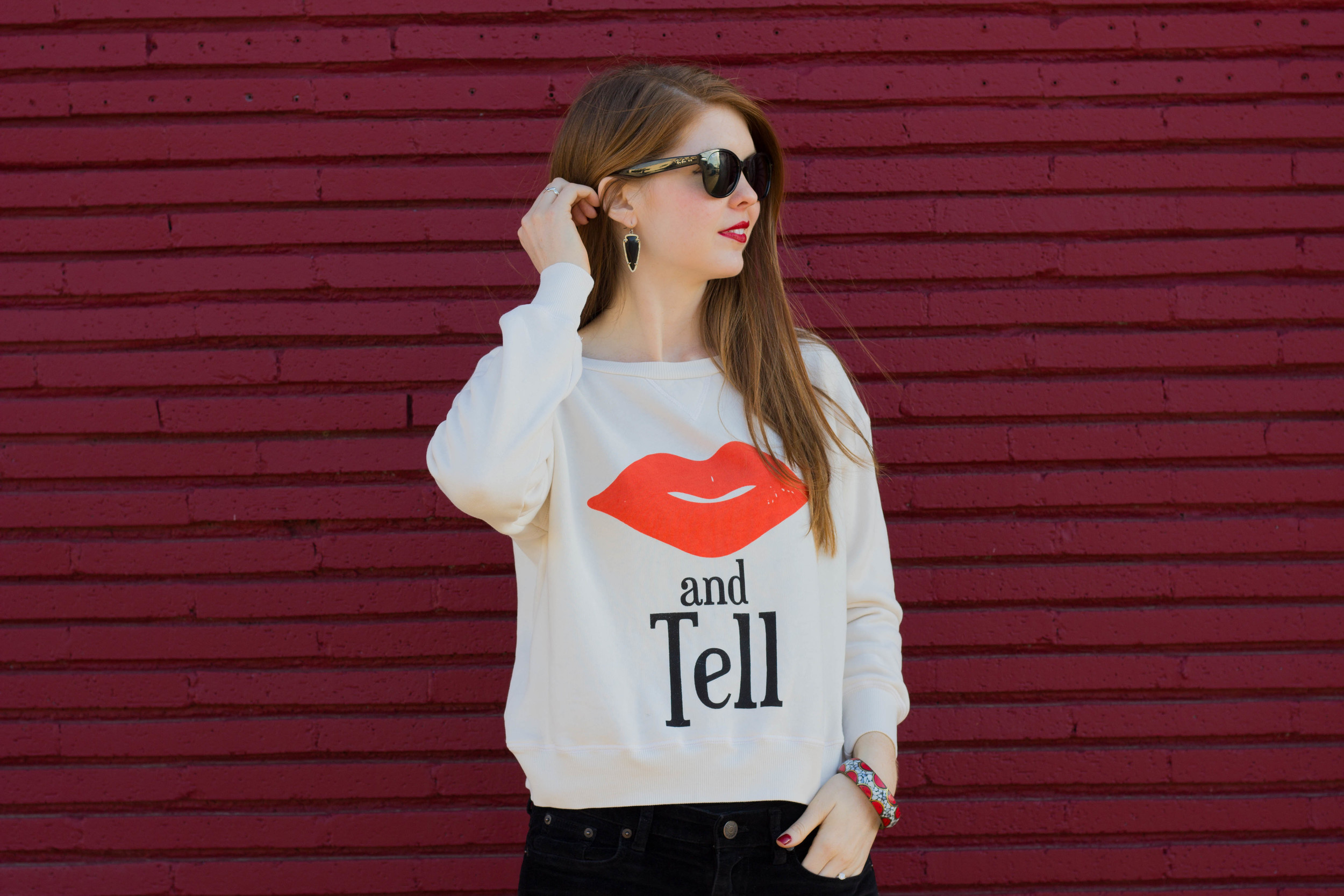 wildfox kiss and tell crew, chinese laundry over the knee boots, kendra scott earrings, rayban sunglasses