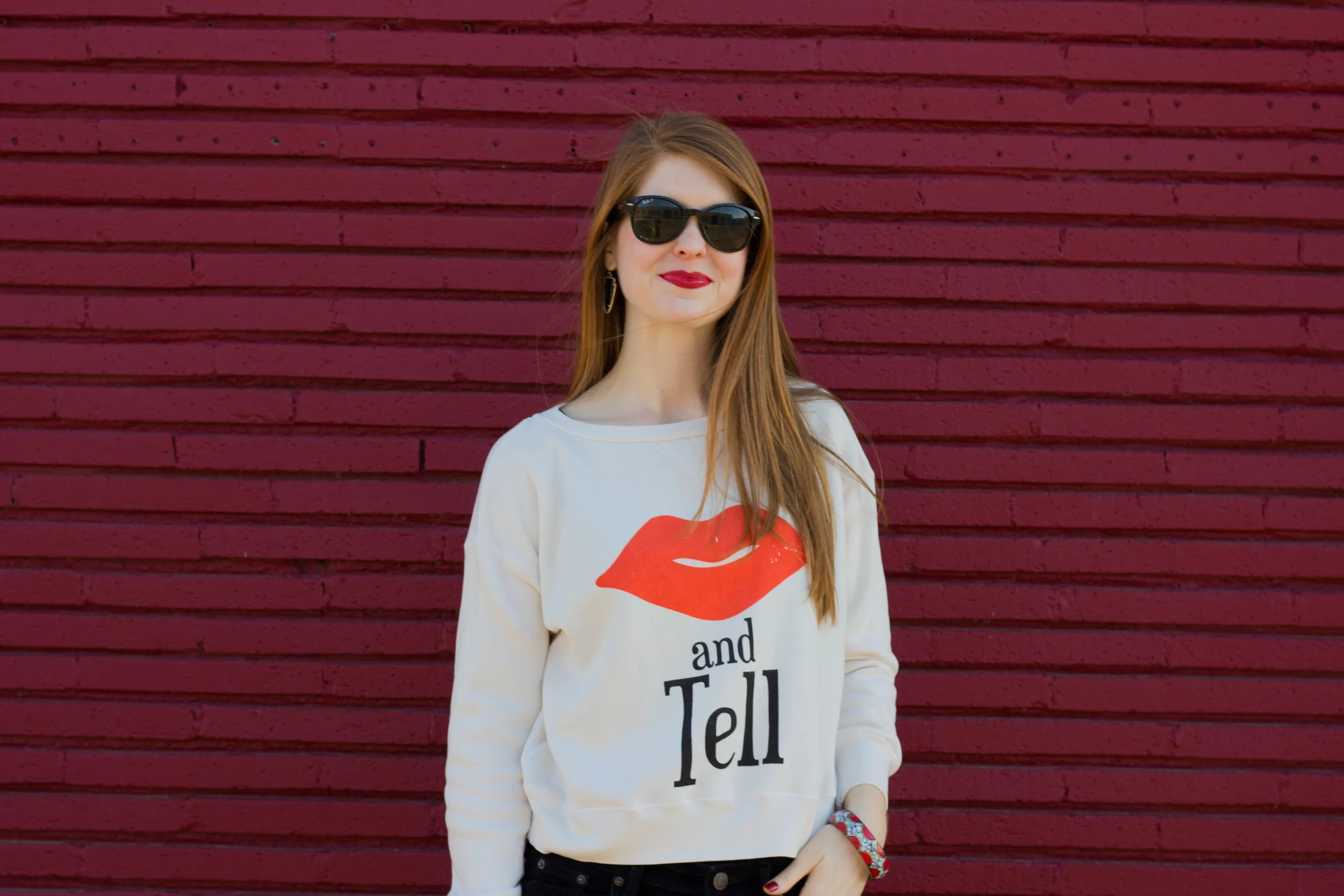 wildfox kiss and tell crew, chinese laundry over the knee boots, kendra scott earrings, rayban sunglasses