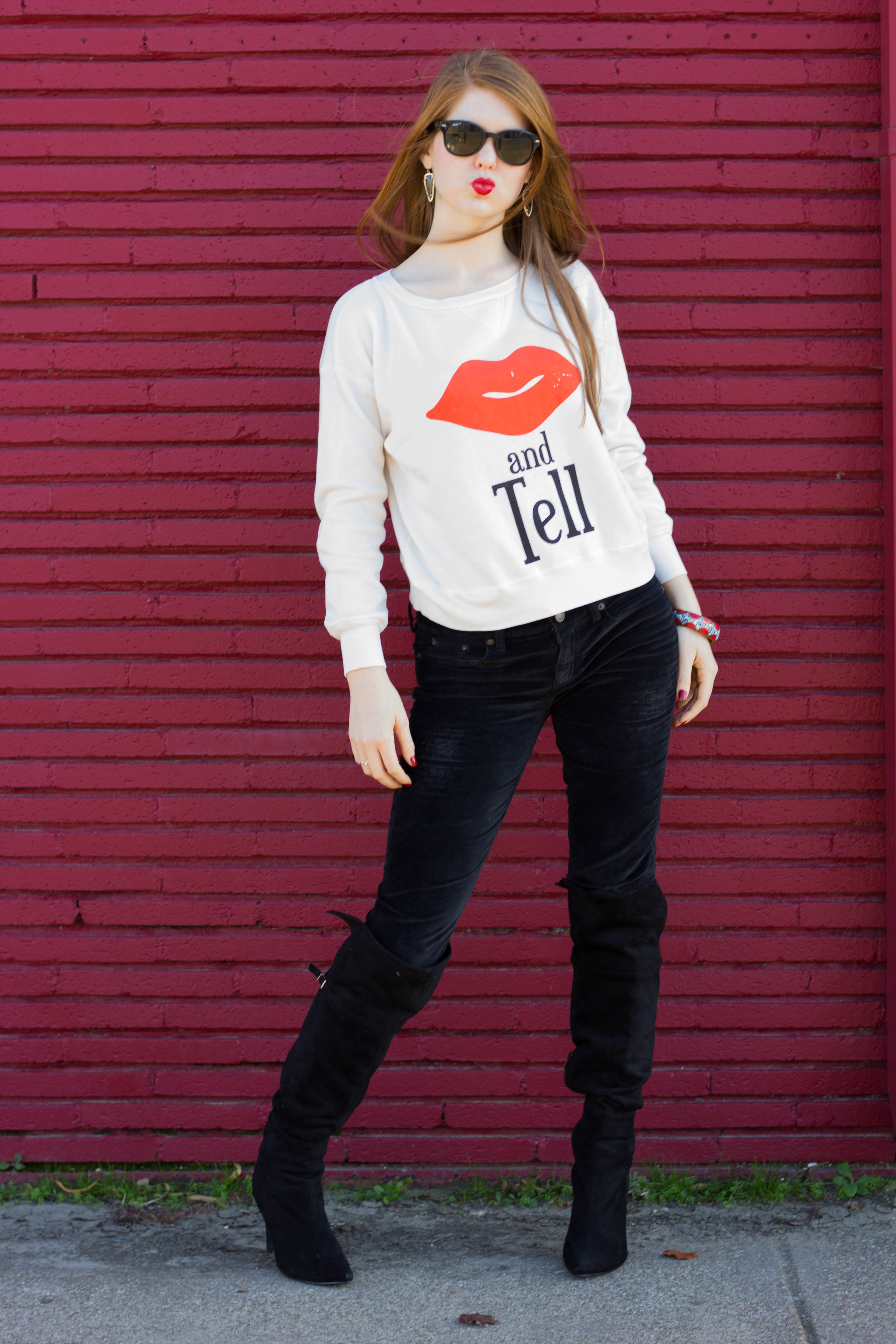 wildfox kiss and tell crew, chinese laundry over the knee boots, kendra scott earrings, rayban sunglasses