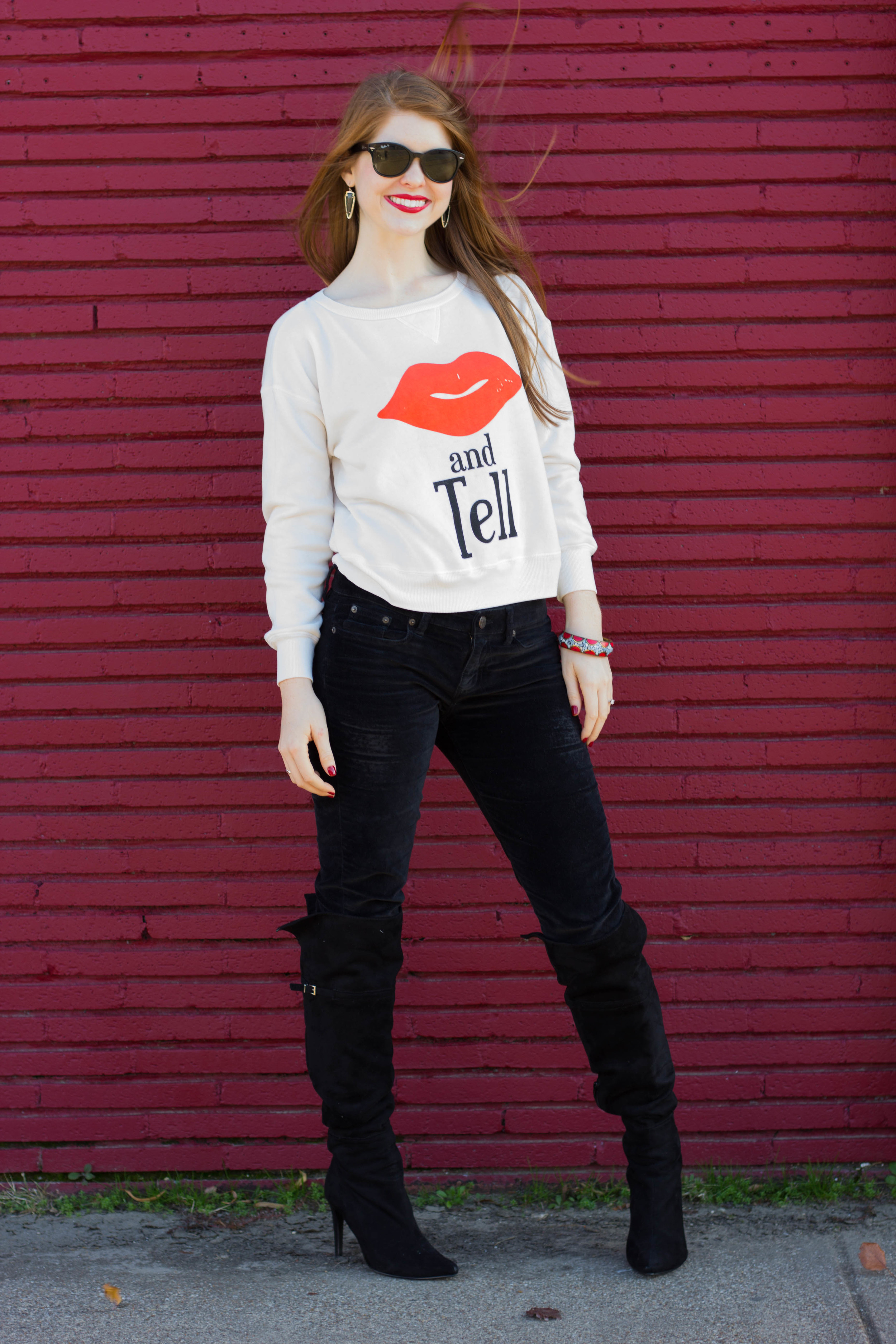 wildfox kiss and tell crew, chinese laundry over the knee boots, kendra scott earrings, rayban sunglasses