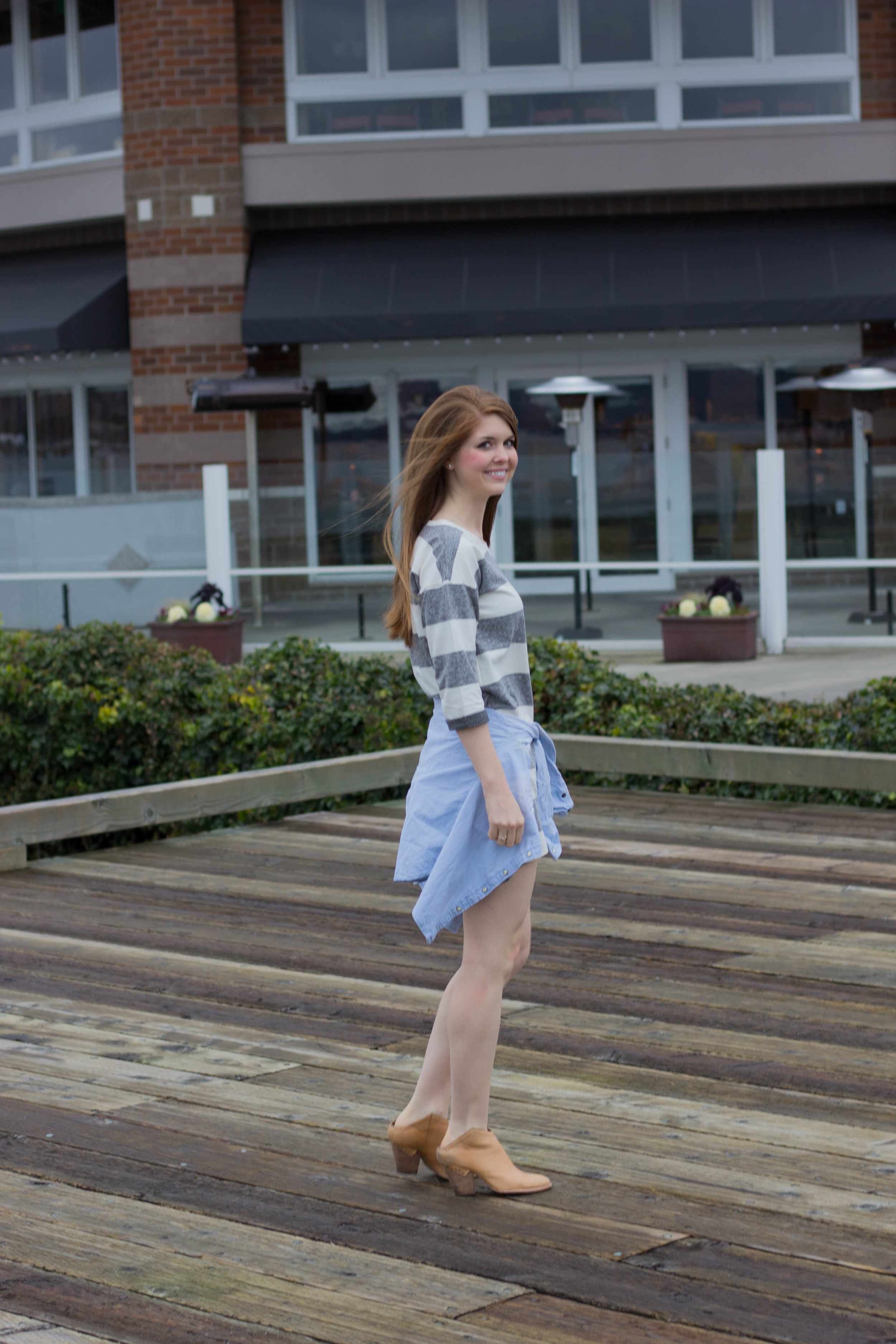 the woodmark hotel, seattle, washington, lake washington, haku booties, chambray top, ellison striped dress, the cutest hotel on lake washington