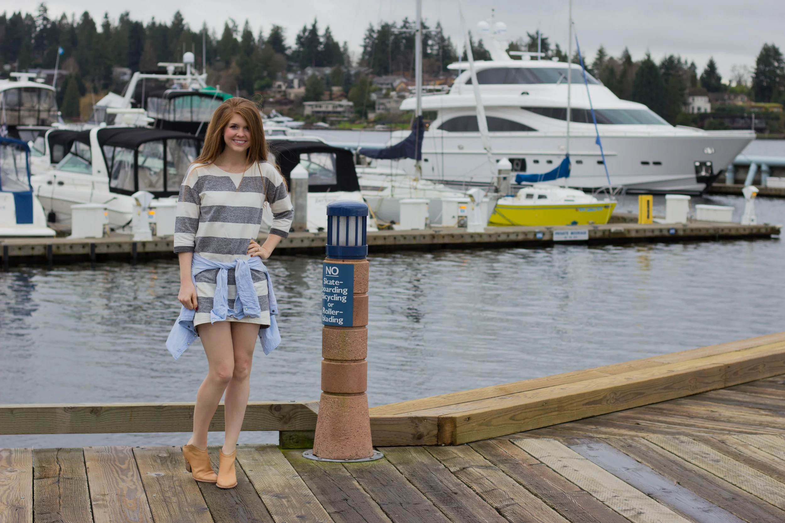 the woodmark hotel, seattle, washington, lake washington, haku booties, chambray top, ellison striped dress, the cutest hotel on lake washington