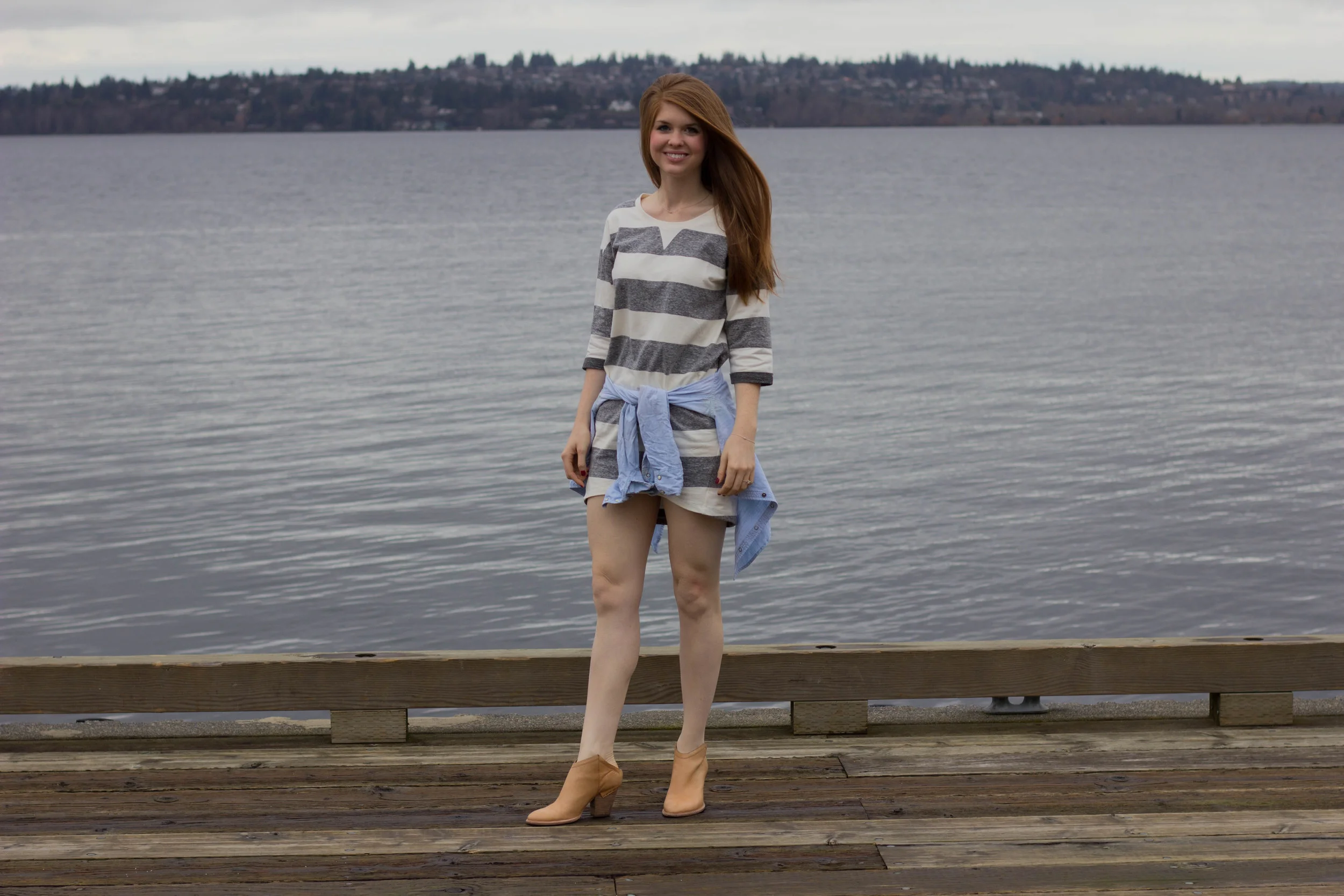 the woodmark hotel, seattle, washington, lake washington, haku booties, chambray top, ellison striped dress, the cutest hotel on lake washington