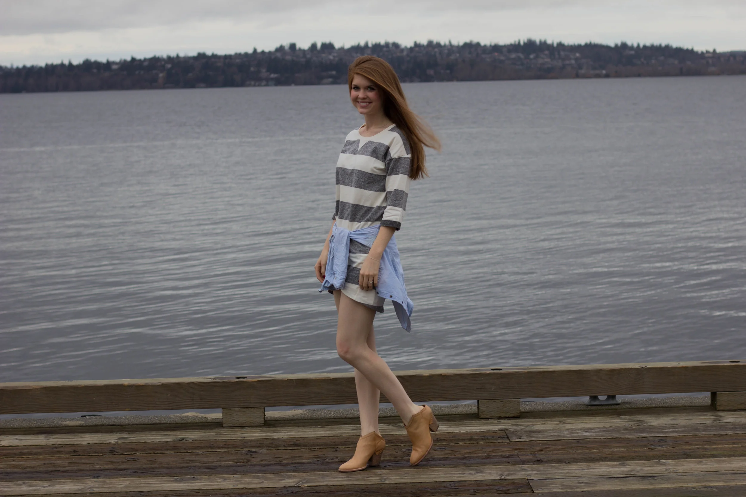 the woodmark hotel, seattle, washington, lake washington, haku booties, chambray top, ellison striped dress, the cutest hotel on lake washington