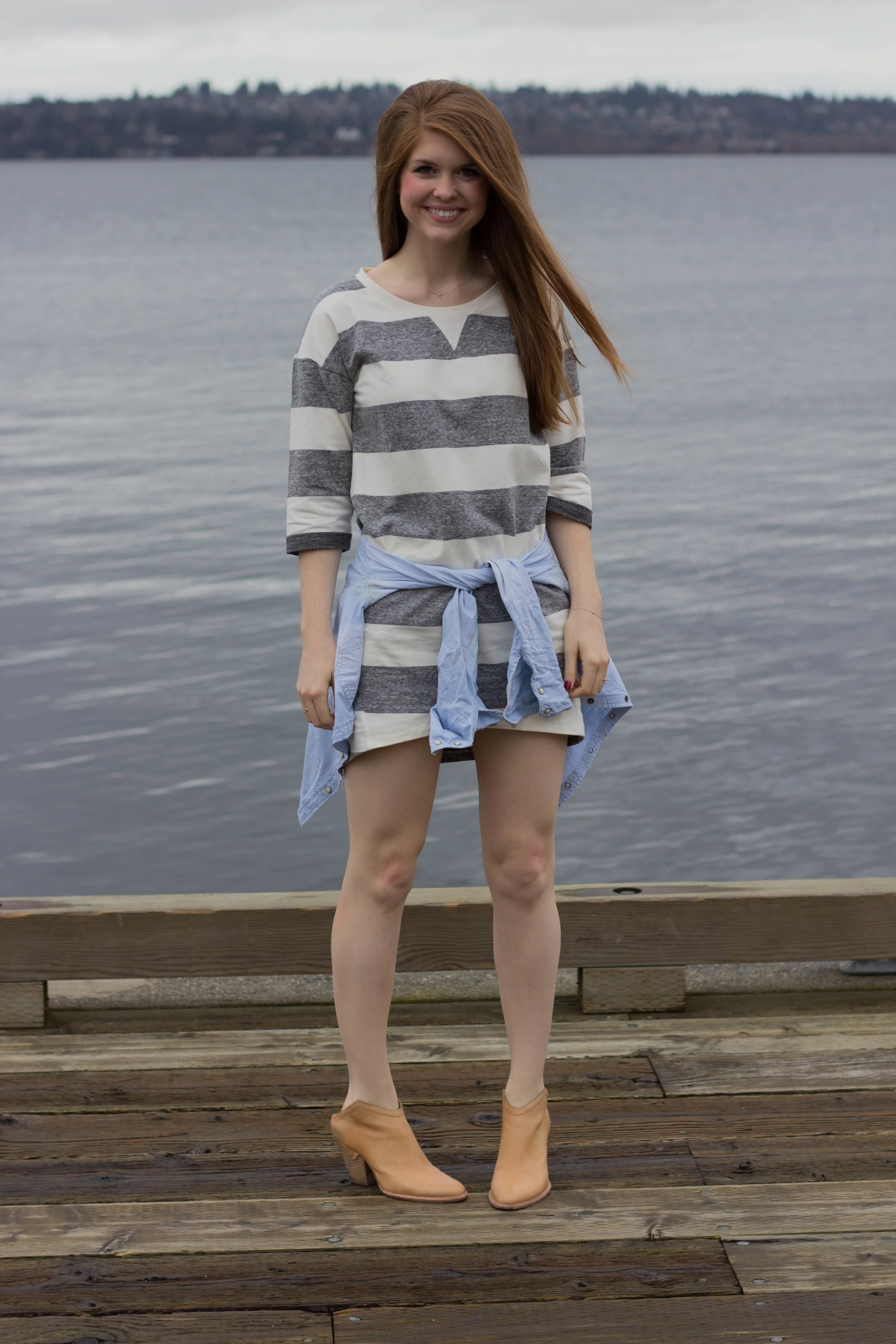 the woodmark hotel, seattle, washington, lake washington, haku booties, chambray top, ellison striped dress, the cutest hotel on lake washington