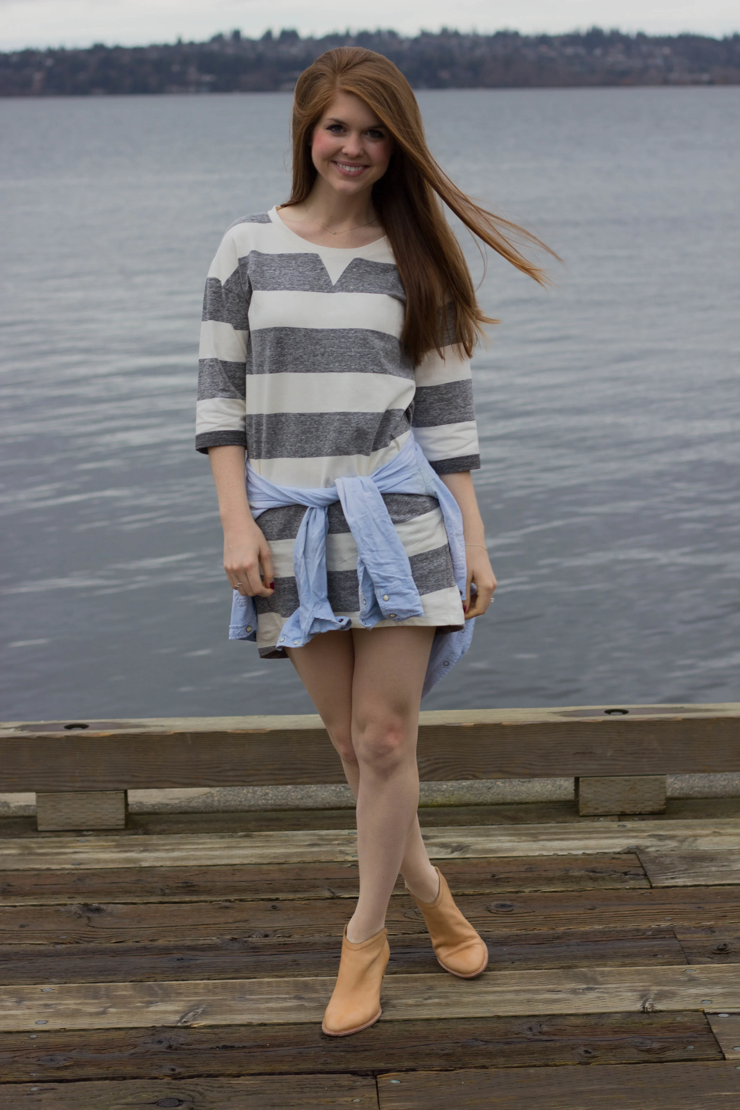the woodmark hotel, seattle, washington, lake washington, haku booties, chambray top, ellison striped dress, the cutest hotel on lake washington