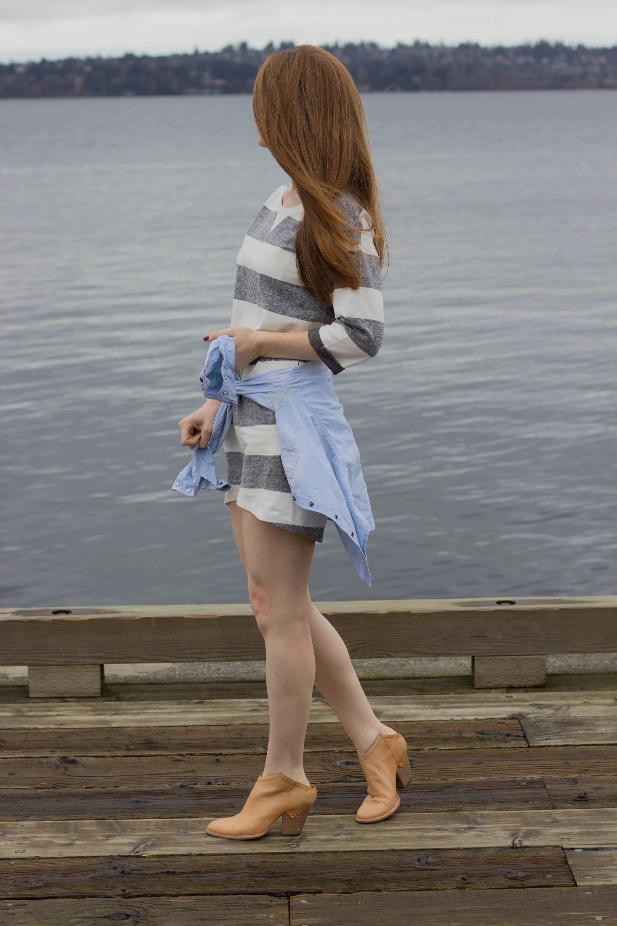 the woodmark hotel, seattle, washington, lake washington, haku booties, chambray top, ellison striped dress, the cutest hotel on lake washington