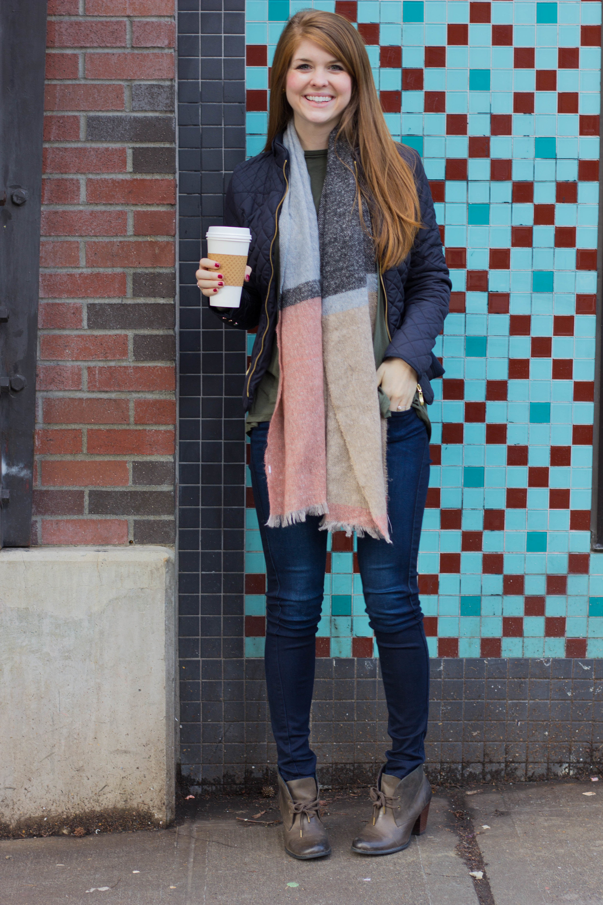 piko top, fidelity beleveder jeans, indigo by clars booties, quilted jacket, stumptown roasters, seattle travel guide