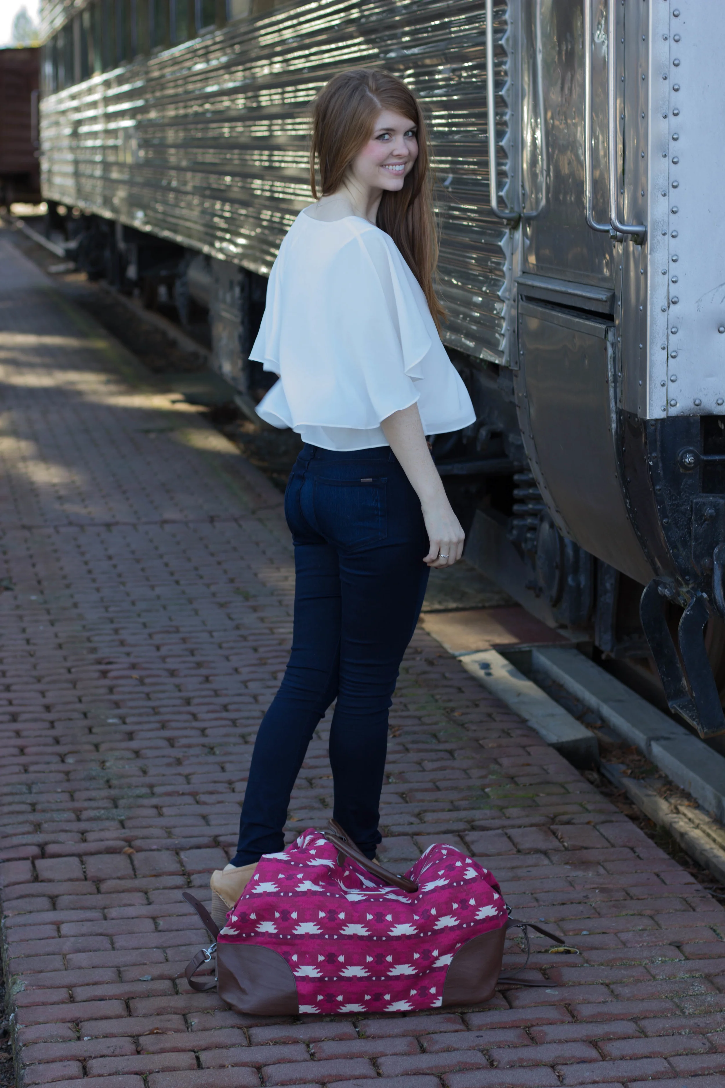 sloan ranger weekender, gentle fawn white cape top, fidelity belvedere jeans, trains, falls city, washington, seattle