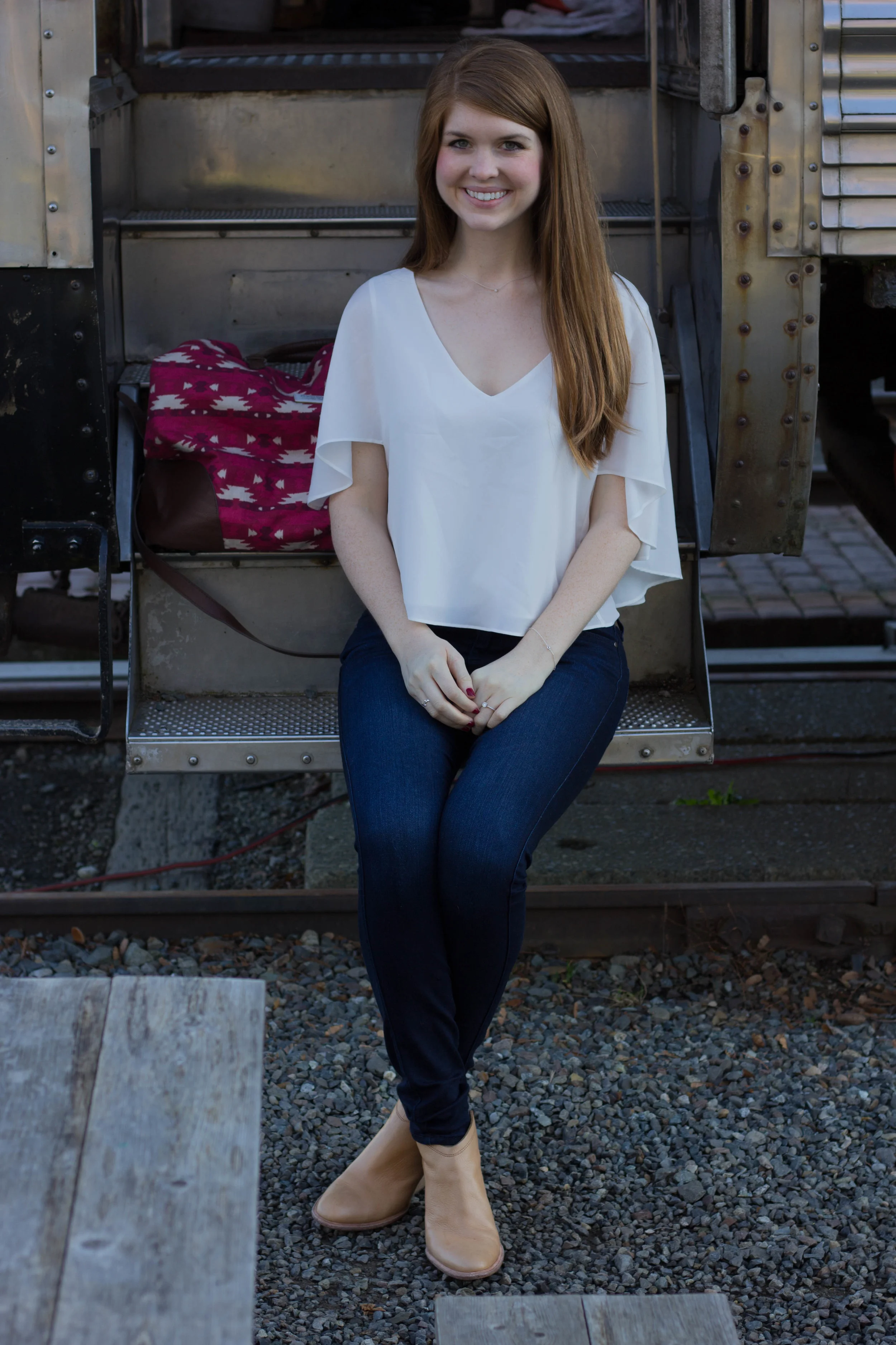 sloan ranger weekender, gentle fawn white cape top, fidelity belvedere jeans, trains, falls city, washington, seattle