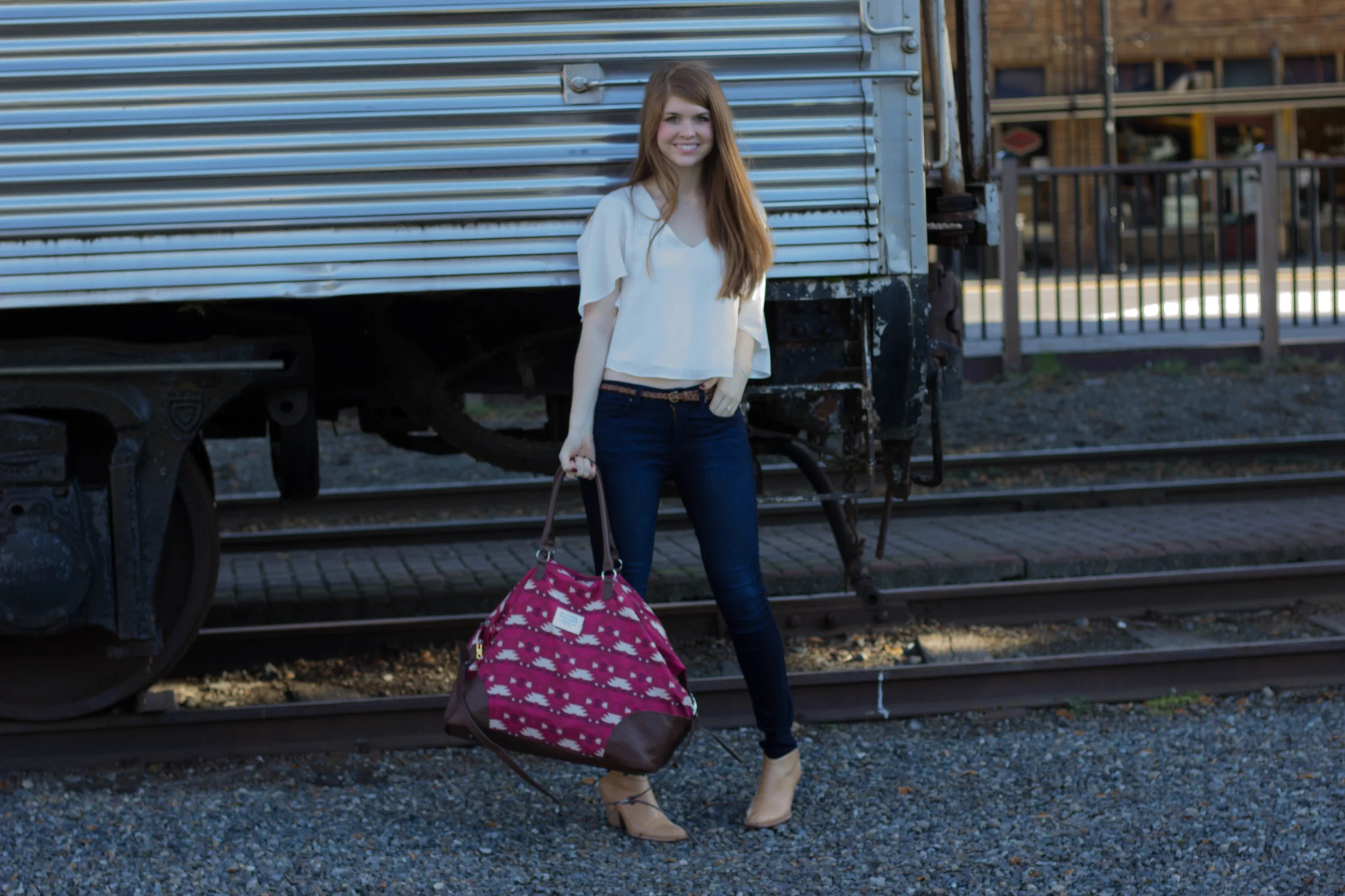 sloan ranger weekender, gentle fawn white cape top, fidelity belvedere jeans, trains, falls city, washington, seattle