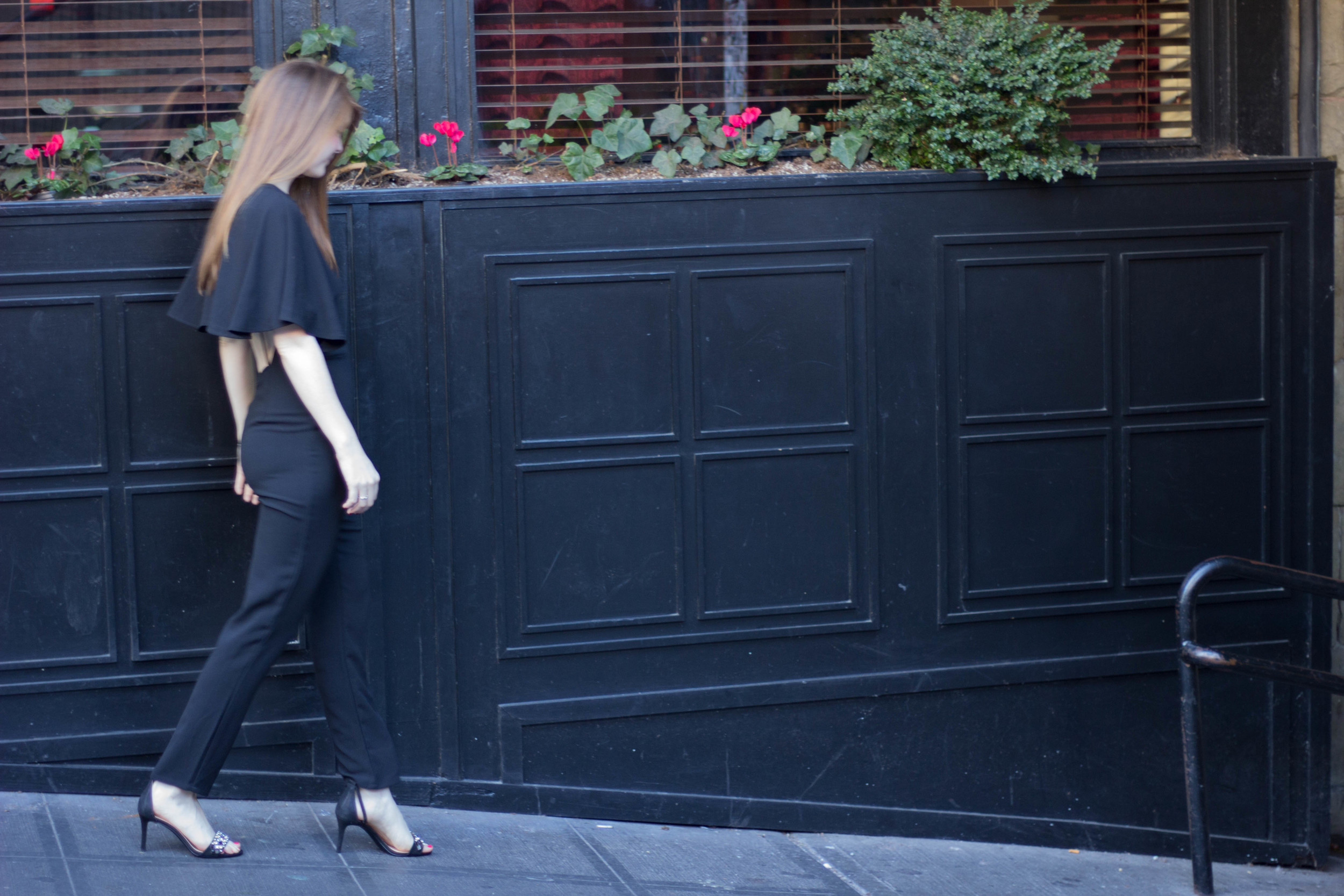 black jumpsuit, cape, tory burch brentford sandal, ghost alley, seattle, fuller's jewelry store, engagement ring store dallas