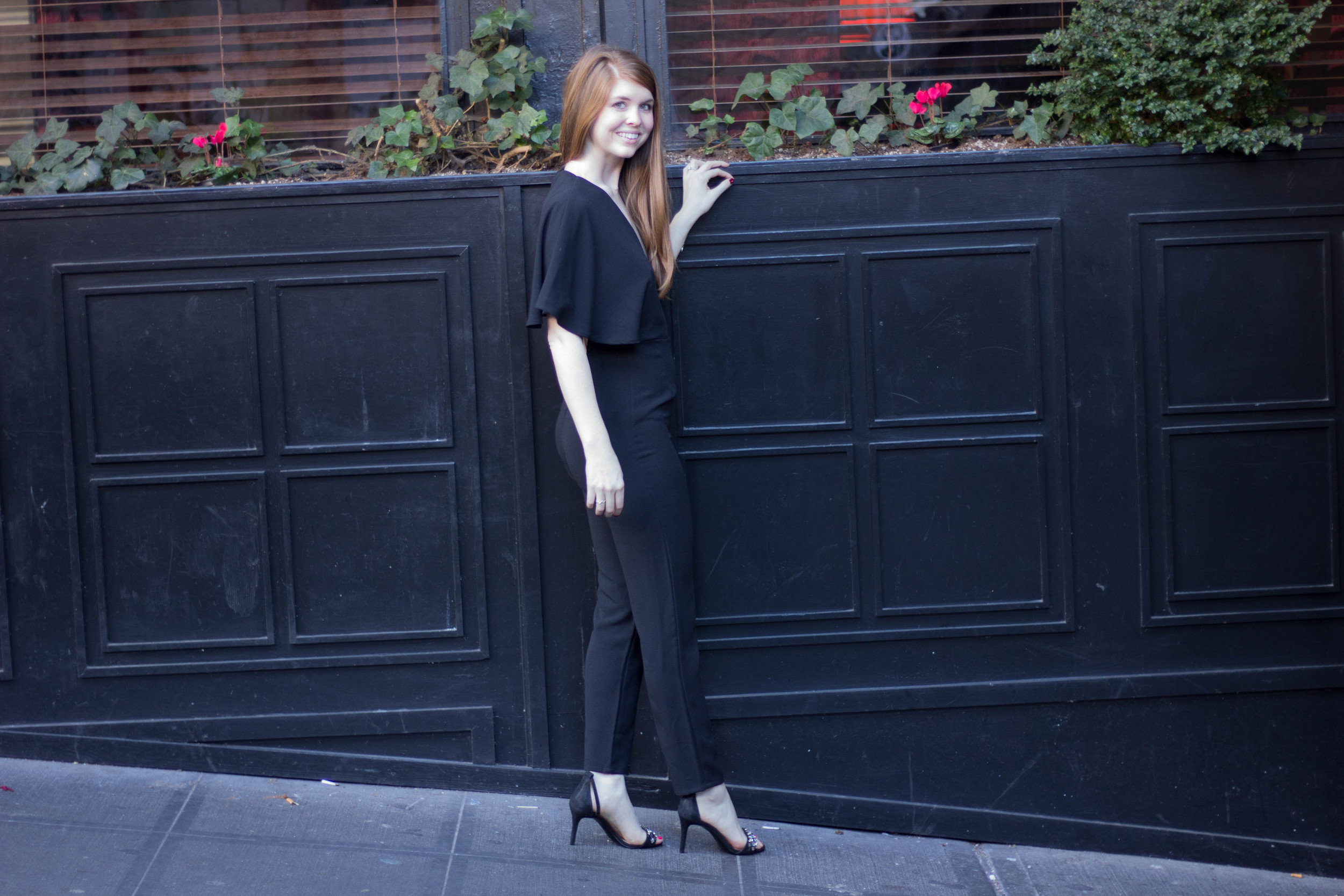 black jumpsuit, cape, tory burch brentford sandal, ghost alley, seattle, fuller's jewelry store, engagement ring store dallas