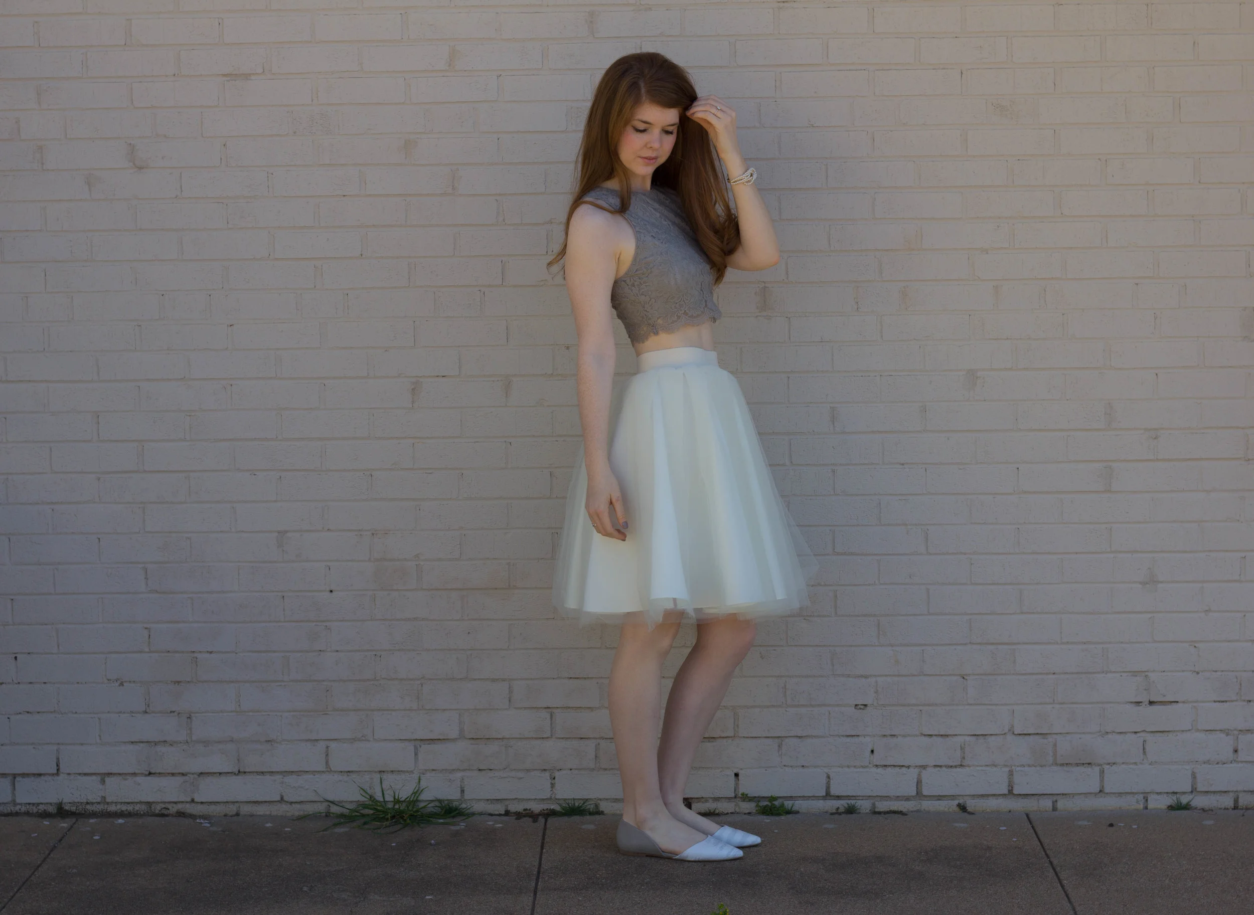 bliss tulle cream skirt, show me your mumu elizabeth crop, BC Footwear Society Flat, Kiel James Patrick Pearl Bracelet