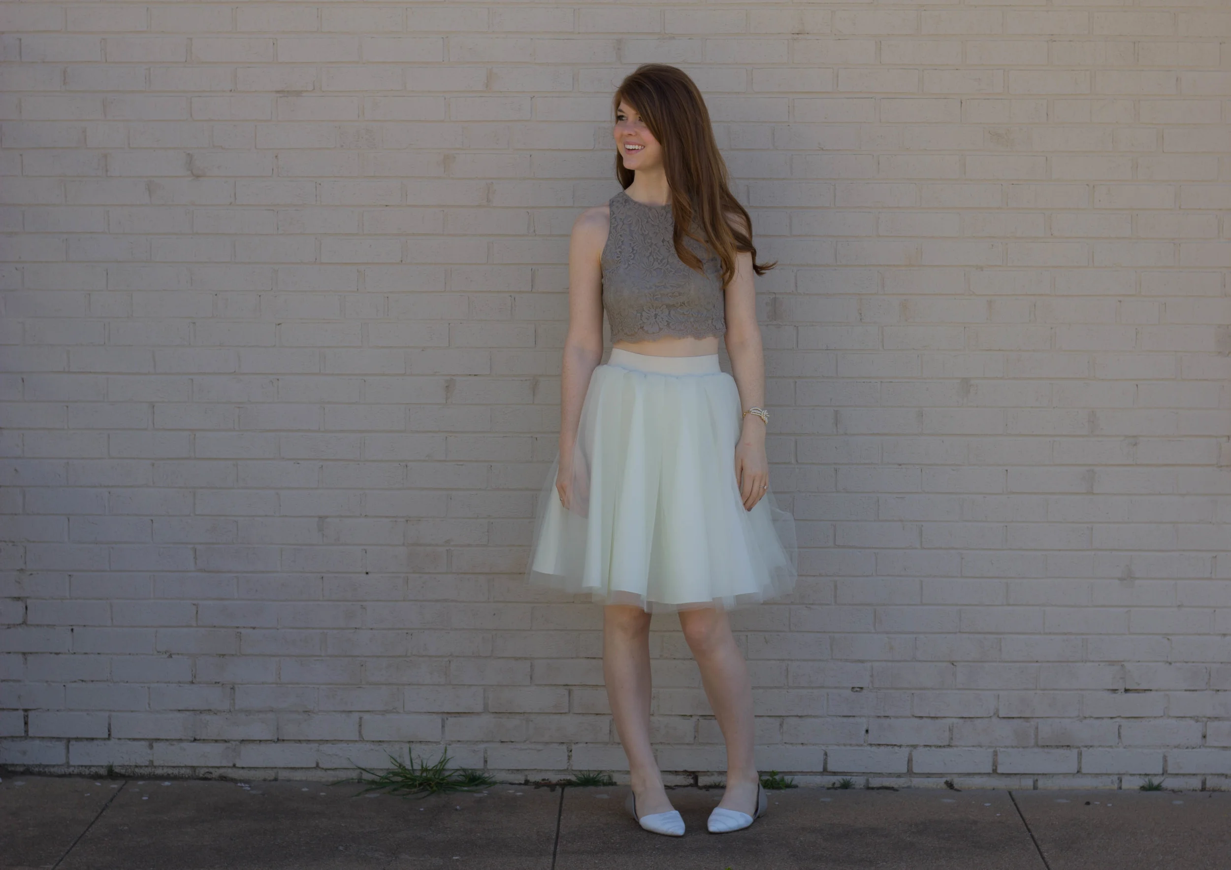 bliss tulle cream skirt, show me your mumu elizabeth crop, BC Footwear Society Flat, Kiel James Patrick Pearl Bracelet