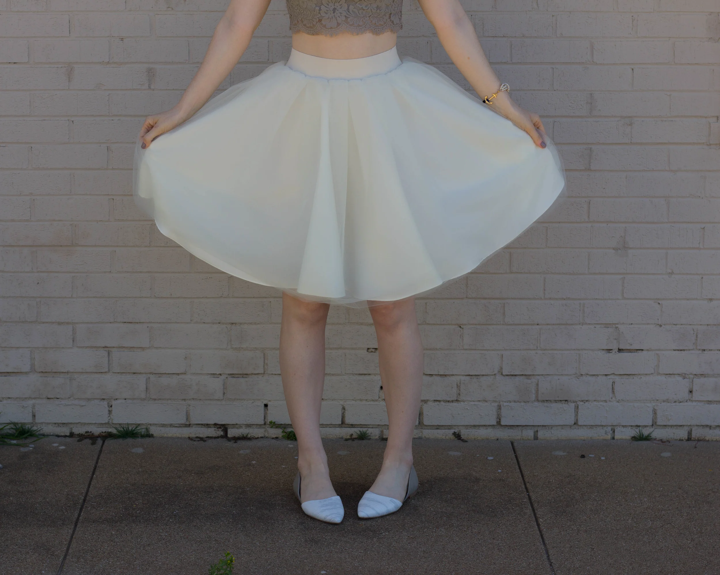 bliss tulle cream skirt, show me your mumu elizabeth crop, BC Footwear Society Flat, Kiel James Patrick Pearl Bracelet