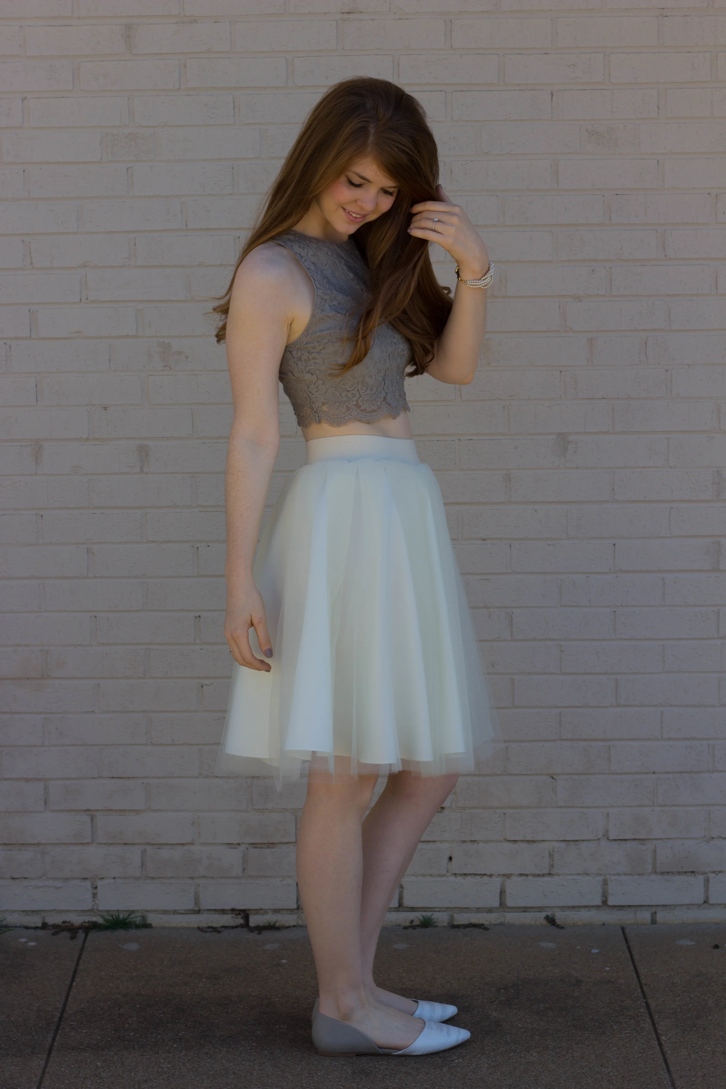 bliss tulle cream skirt, show me your mumu elizabeth crop, BC Footwear Society Flat, Kiel James Patrick Pearl Bracelet