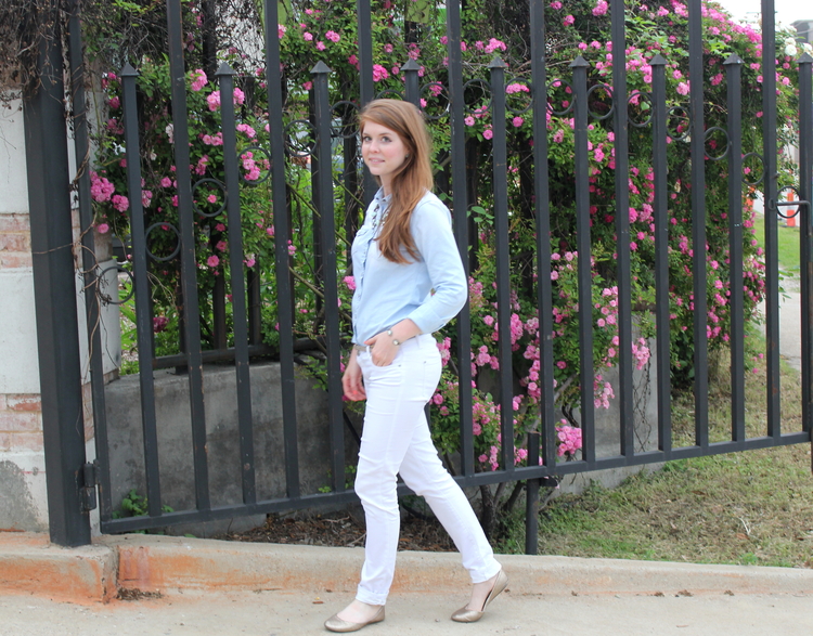 madewell white jeans, j crew chambray shirt, rocksbox necklace