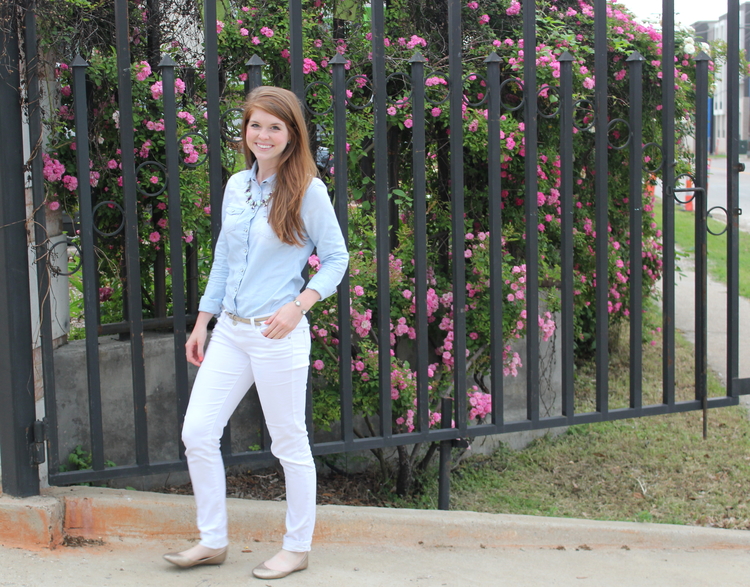 madewell white jeans, j crew chambray shirt, rocksbox necklace